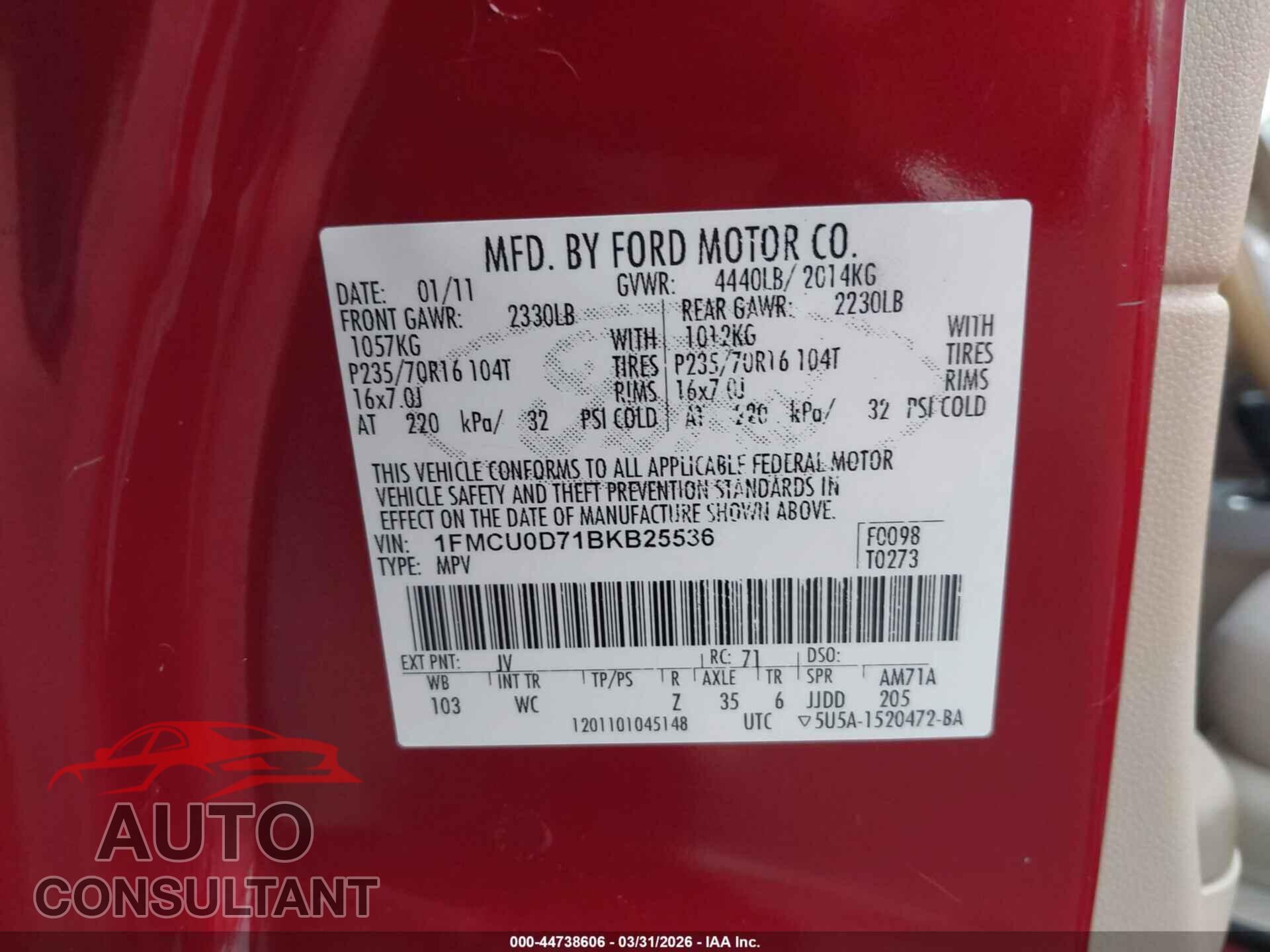 FORD ESCAPE 2011 - 1FMCU0D71BKB25536