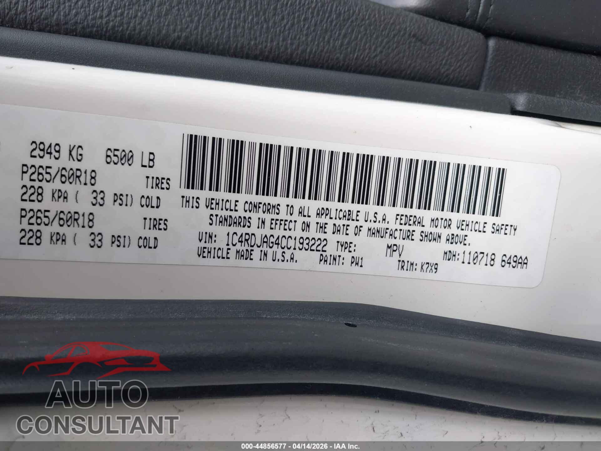 DODGE DURANGO 2012 - 1C4RDJAG4CC193222