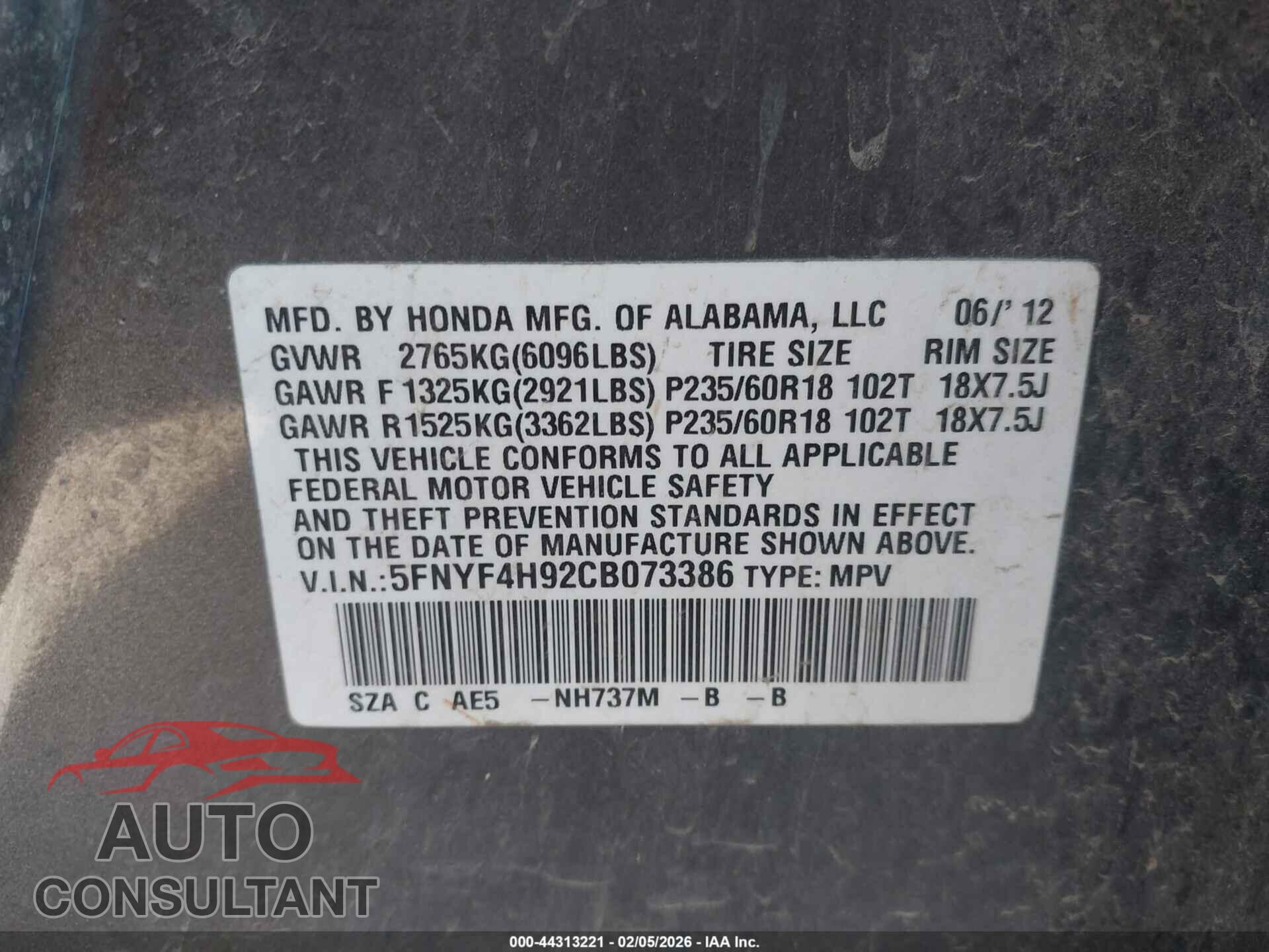 HONDA PILOT 2012 - 5FNYF4H92CB073386