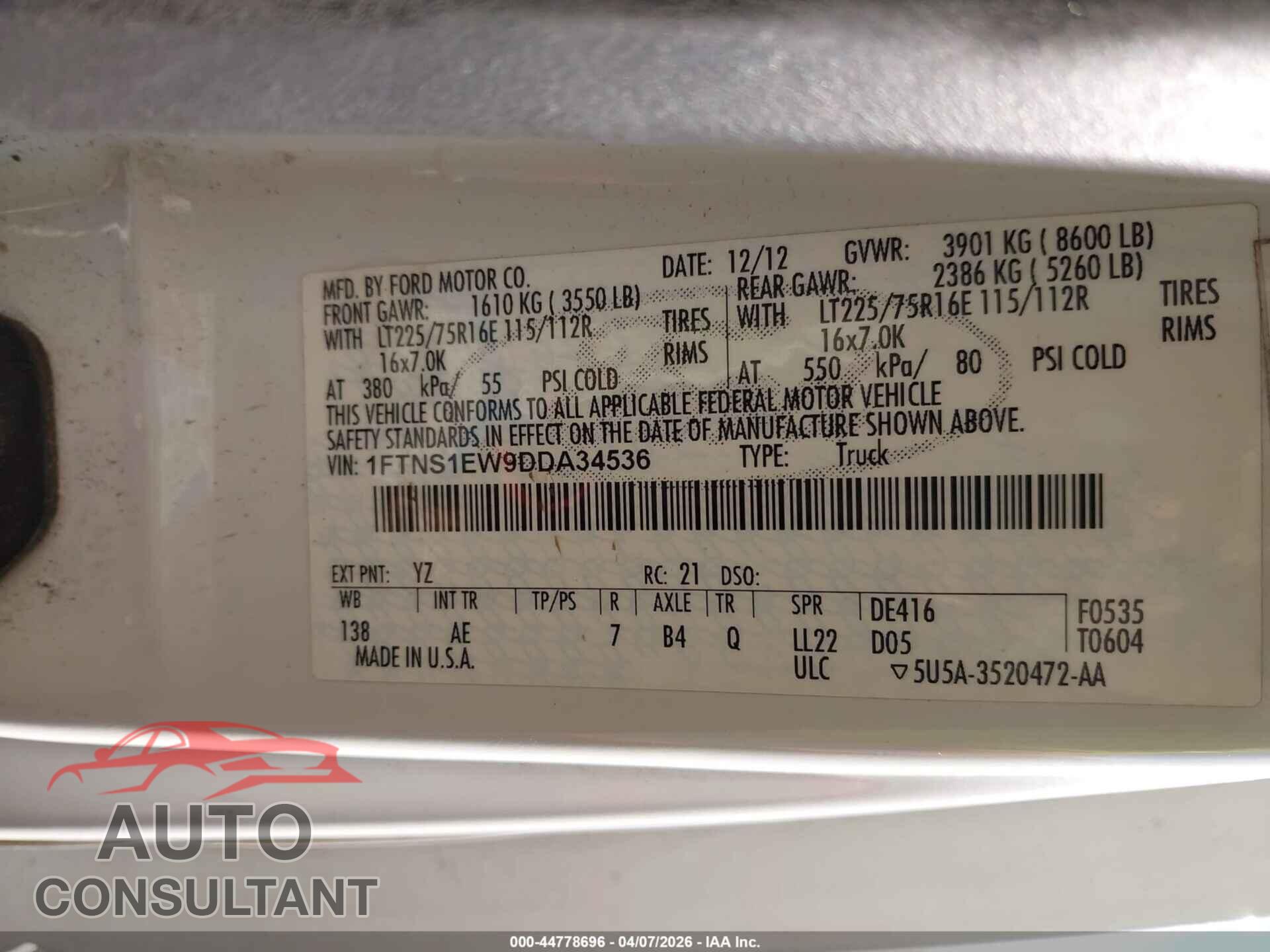 FORD E-150 2013 - 1FTNS1EW9DDA34536