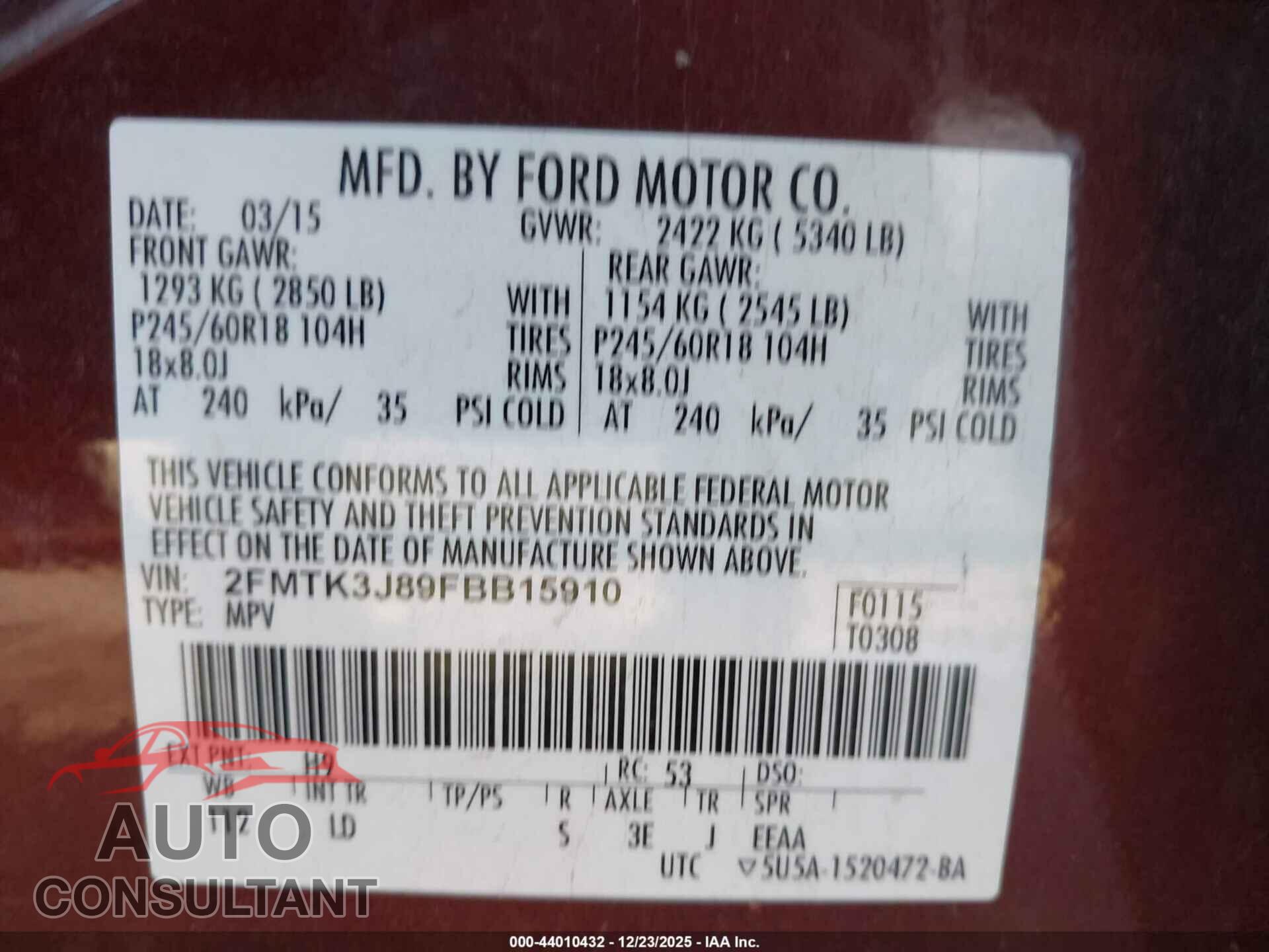 FORD EDGE 2015 - 2FMTK3J89FBB15910