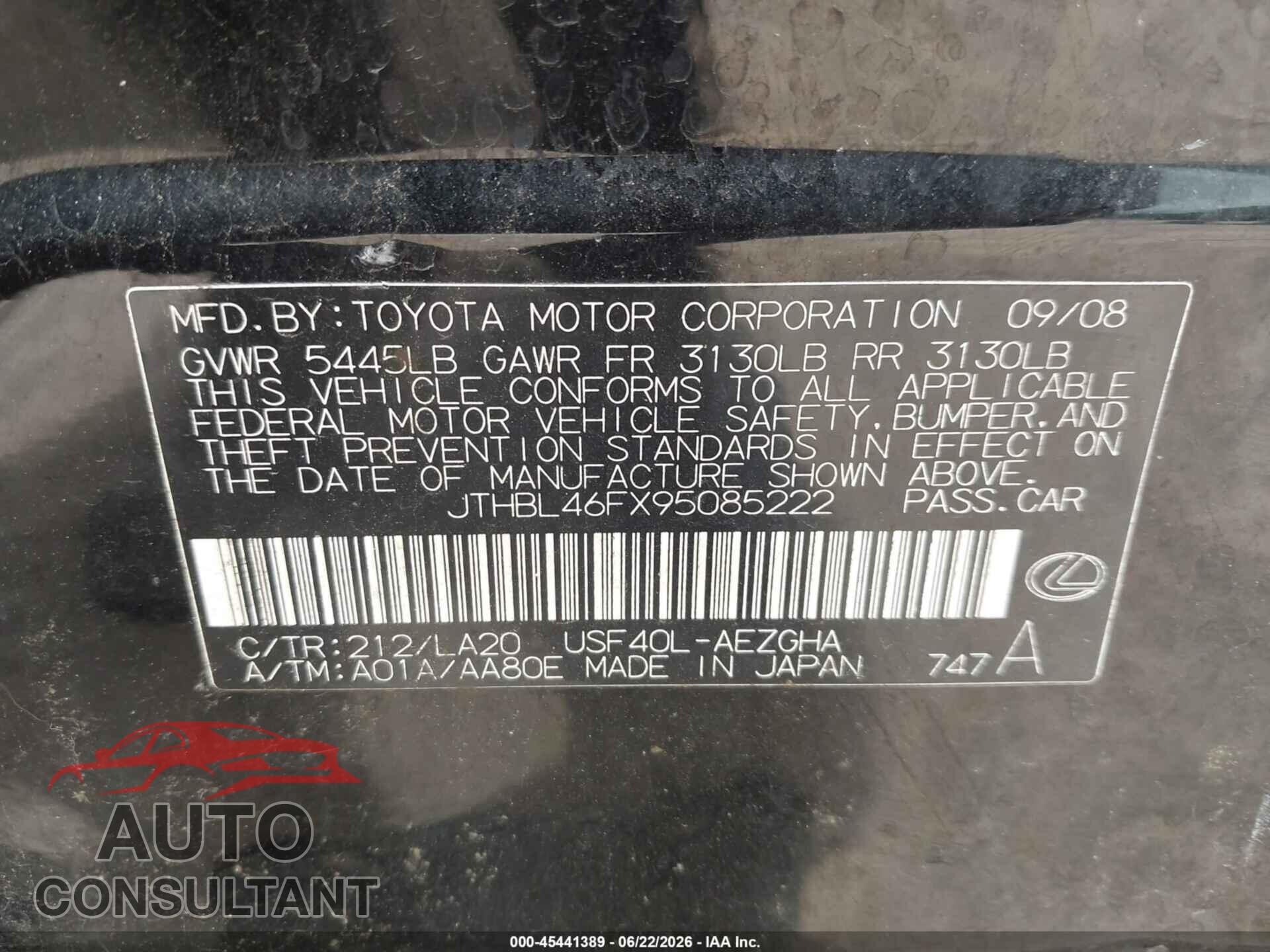 LEXUS LS 460 2009 - JTHBL46FX95085222