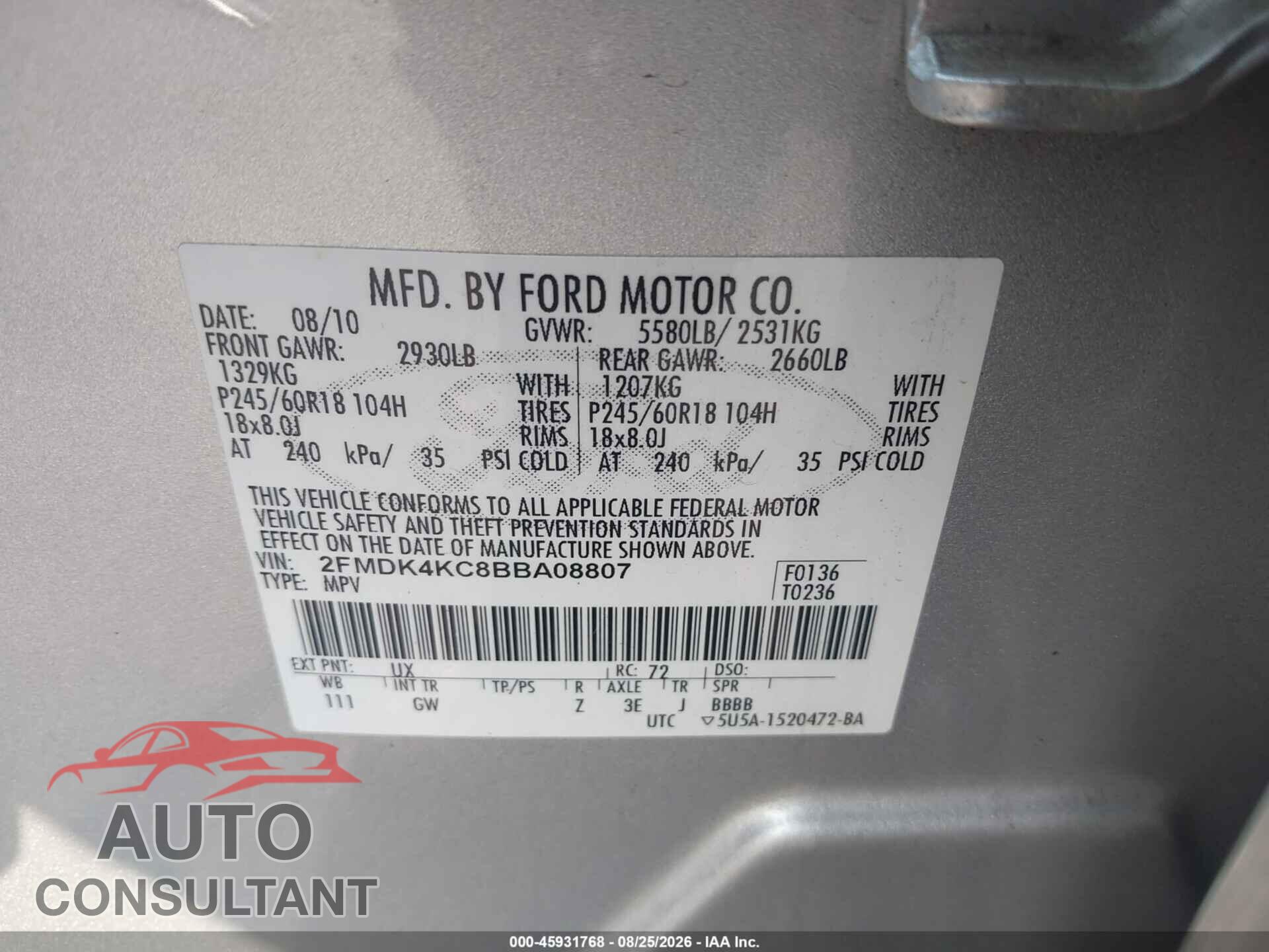 FORD EDGE 2011 - 2FMDK4KC8BBA08807
