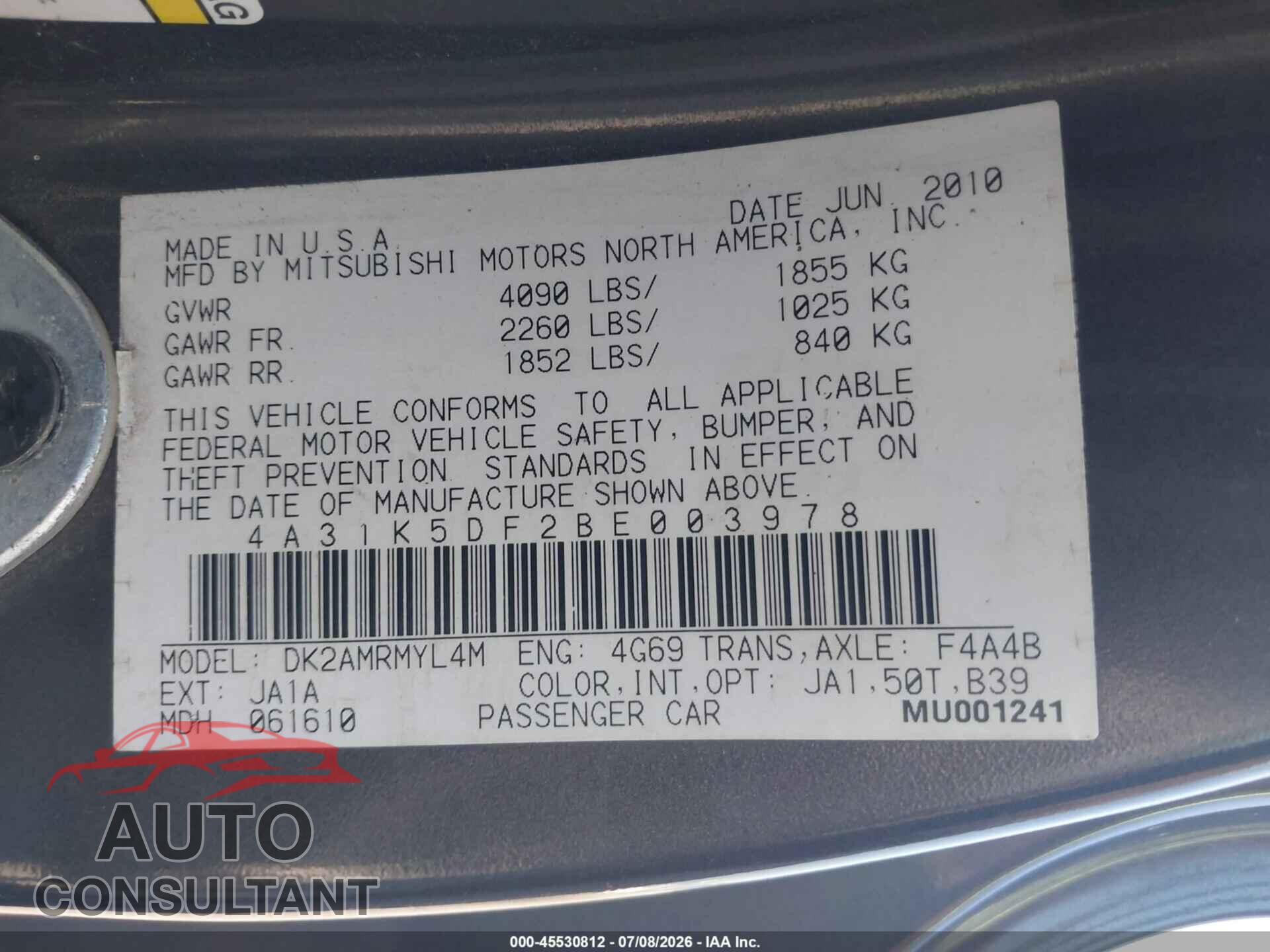 MITSUBISHI ECLIPSE 2011 - 4A31K5DF2BE003978