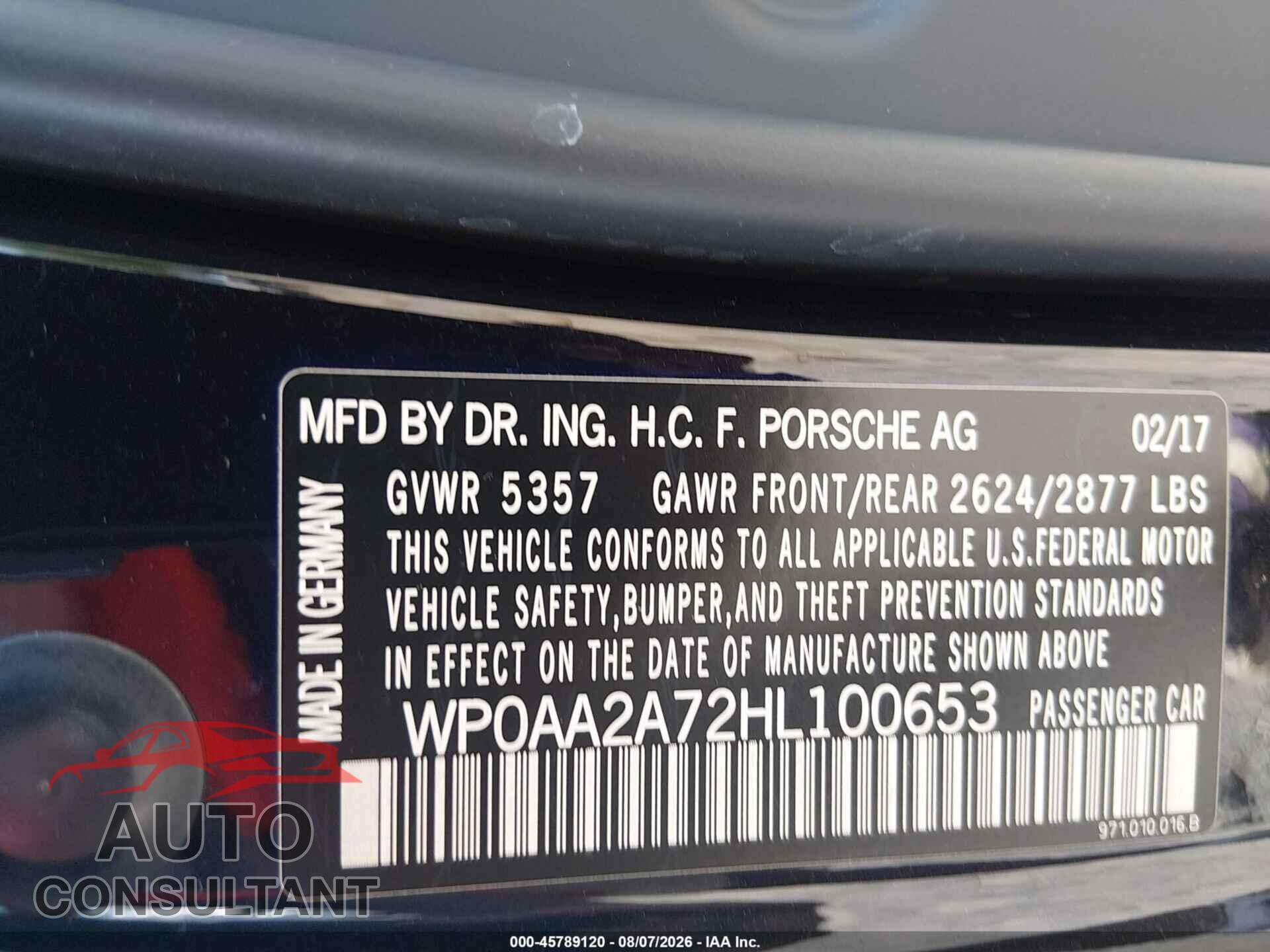 PORSCHE PANAMERA 2017 - WP0AA2A72HL100653