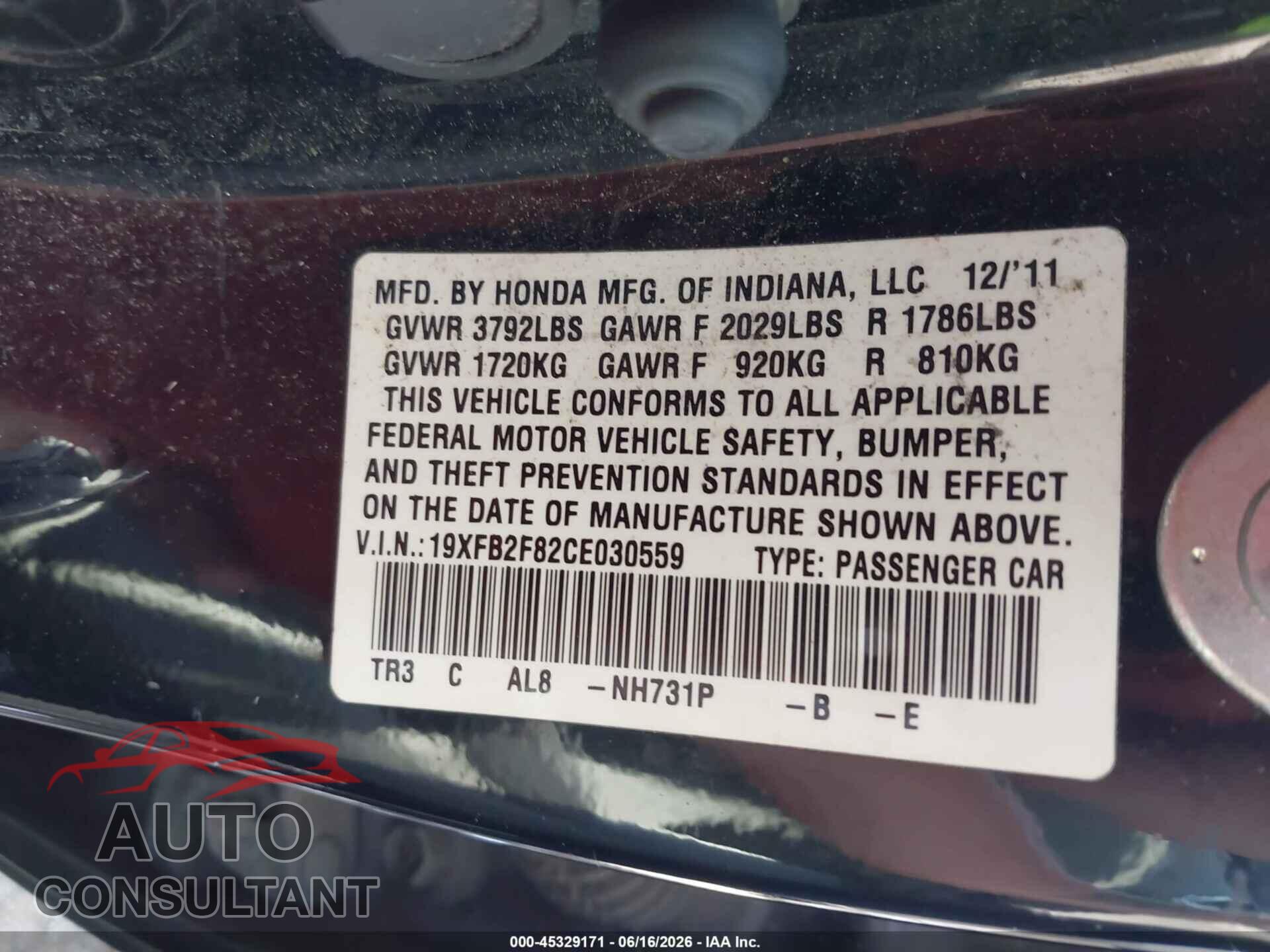 HONDA CIVIC 2012 - 19XFB2F82CE030559