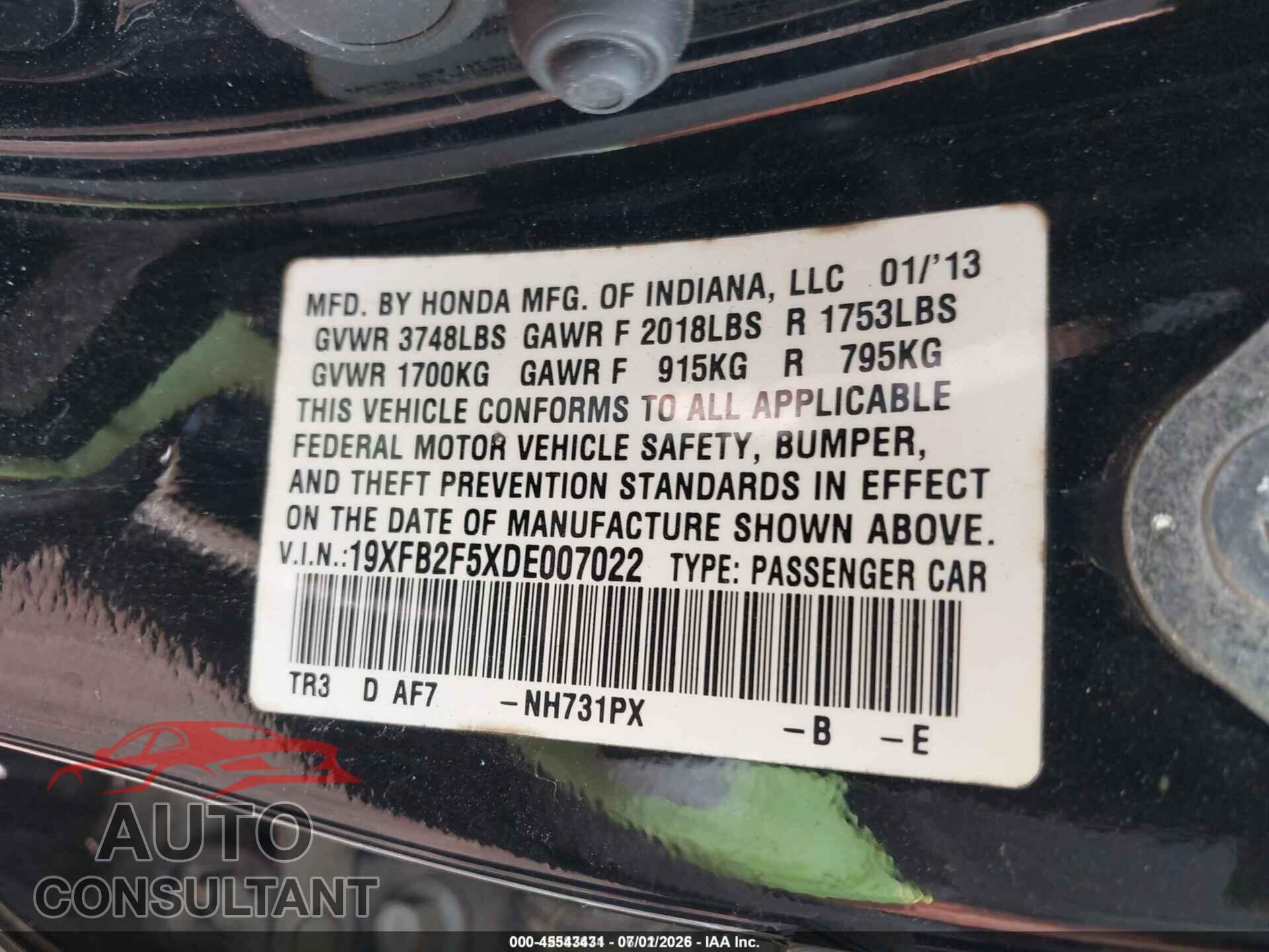 HONDA CIVIC 2013 - 19XFB2F5XDE007022