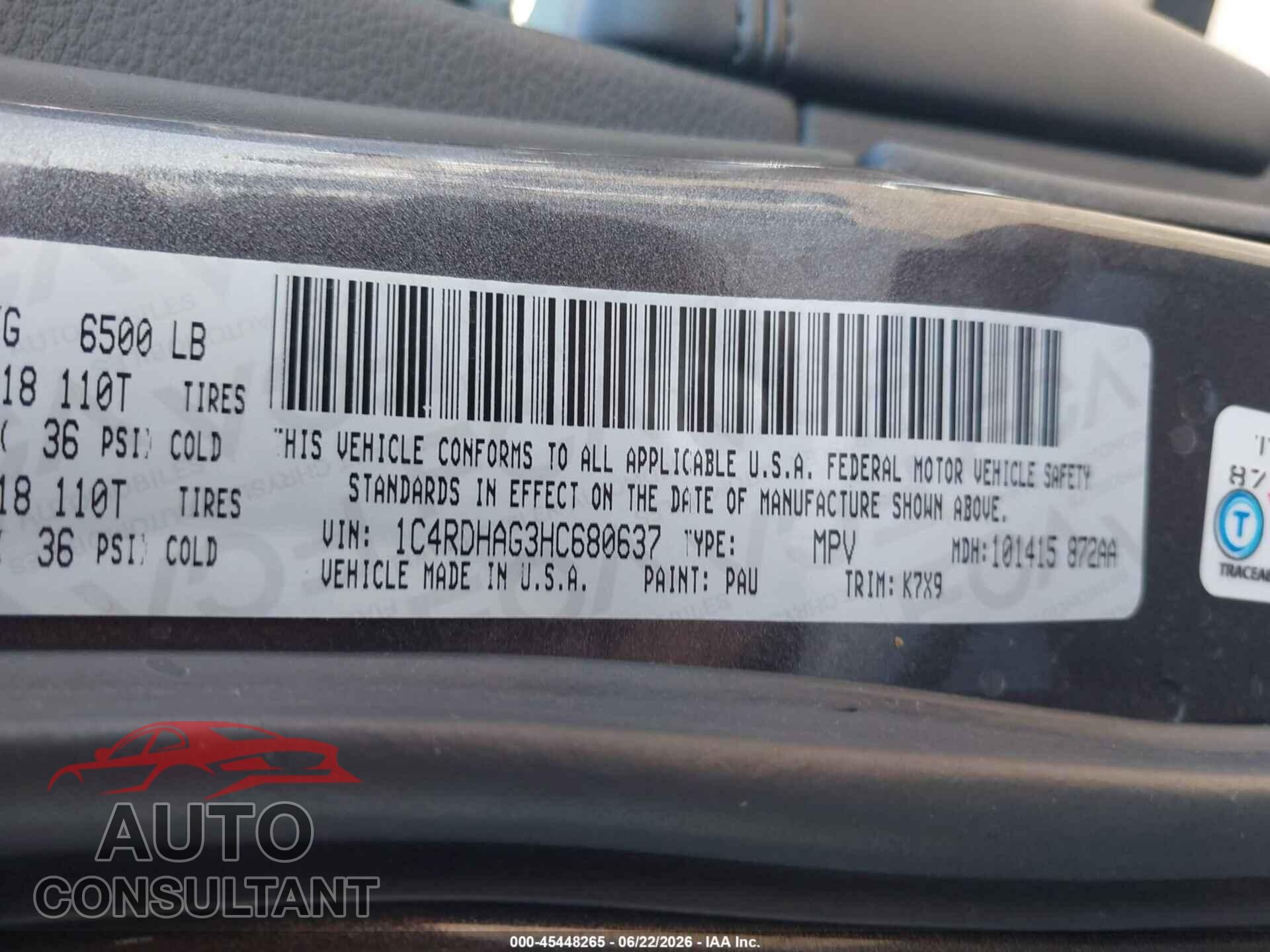DODGE DURANGO 2017 - 1C4RDHAG3HC680637
