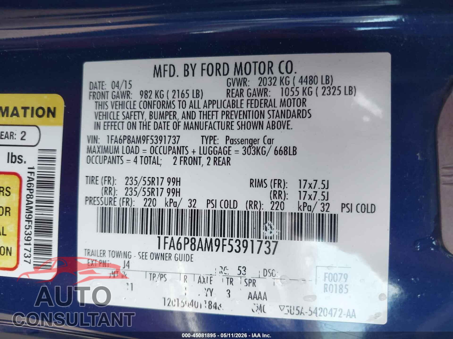 FORD MUSTANG 2015 - 1FA6P8AM9F5391737