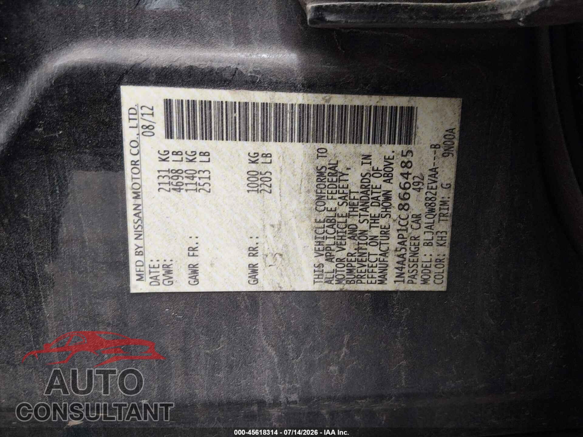 NISSAN MAXIMA 2012 - 1N4AA5AP1CC866485