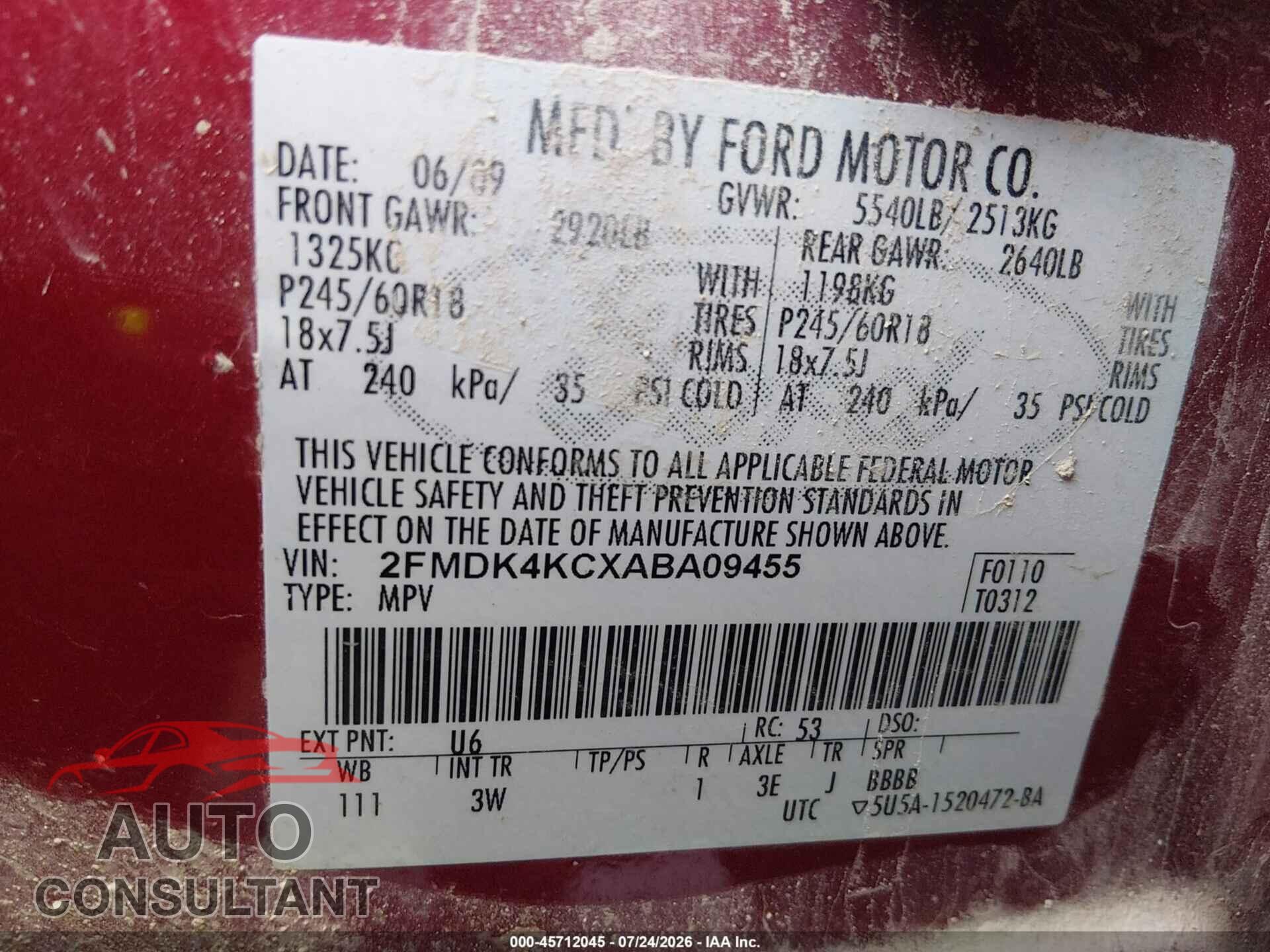 FORD EDGE 2010 - 2FMDK4KCXABA09455