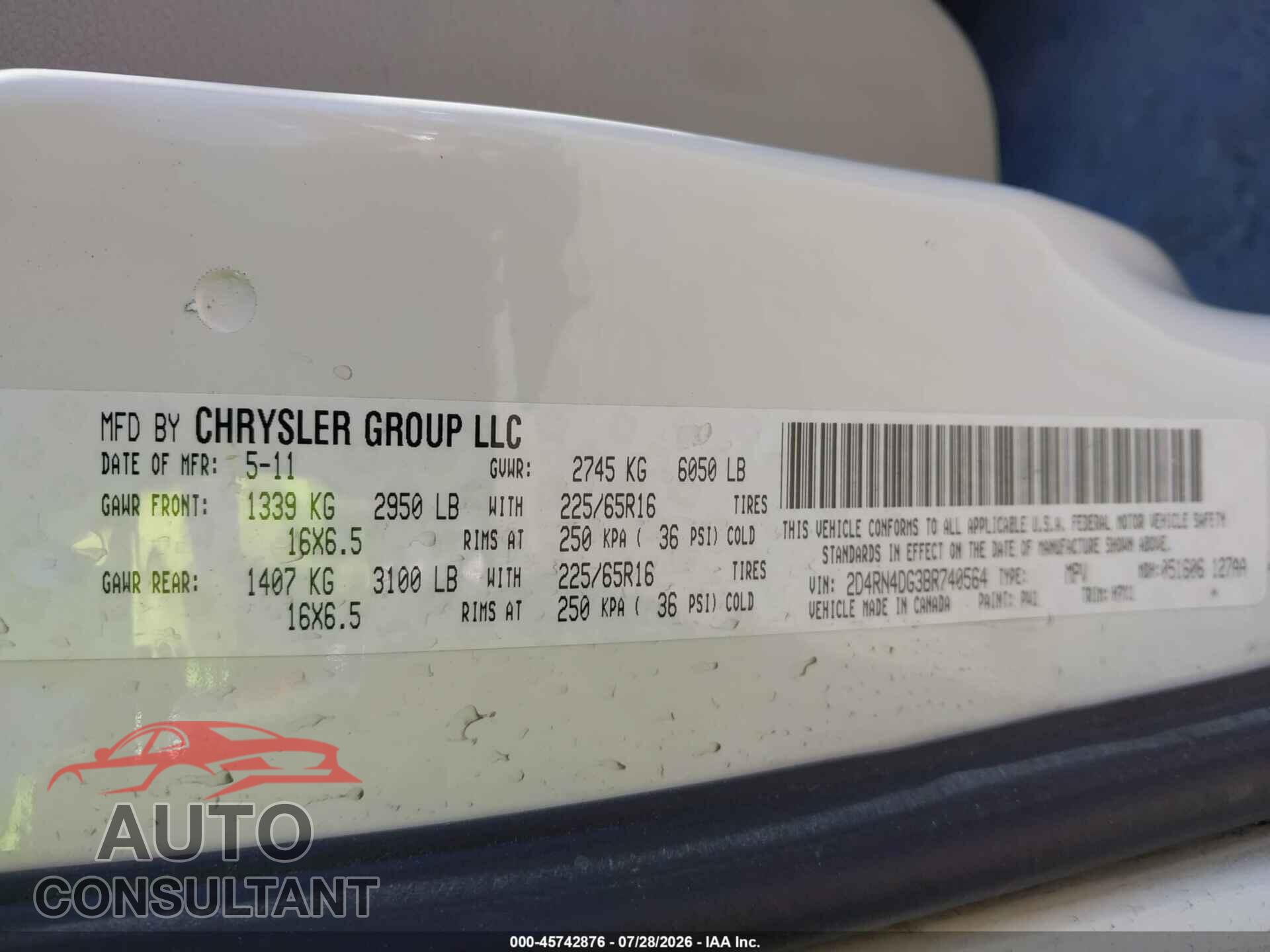DODGE GRAND CARAVAN 2011 - 2D4RN4DG3BR740564