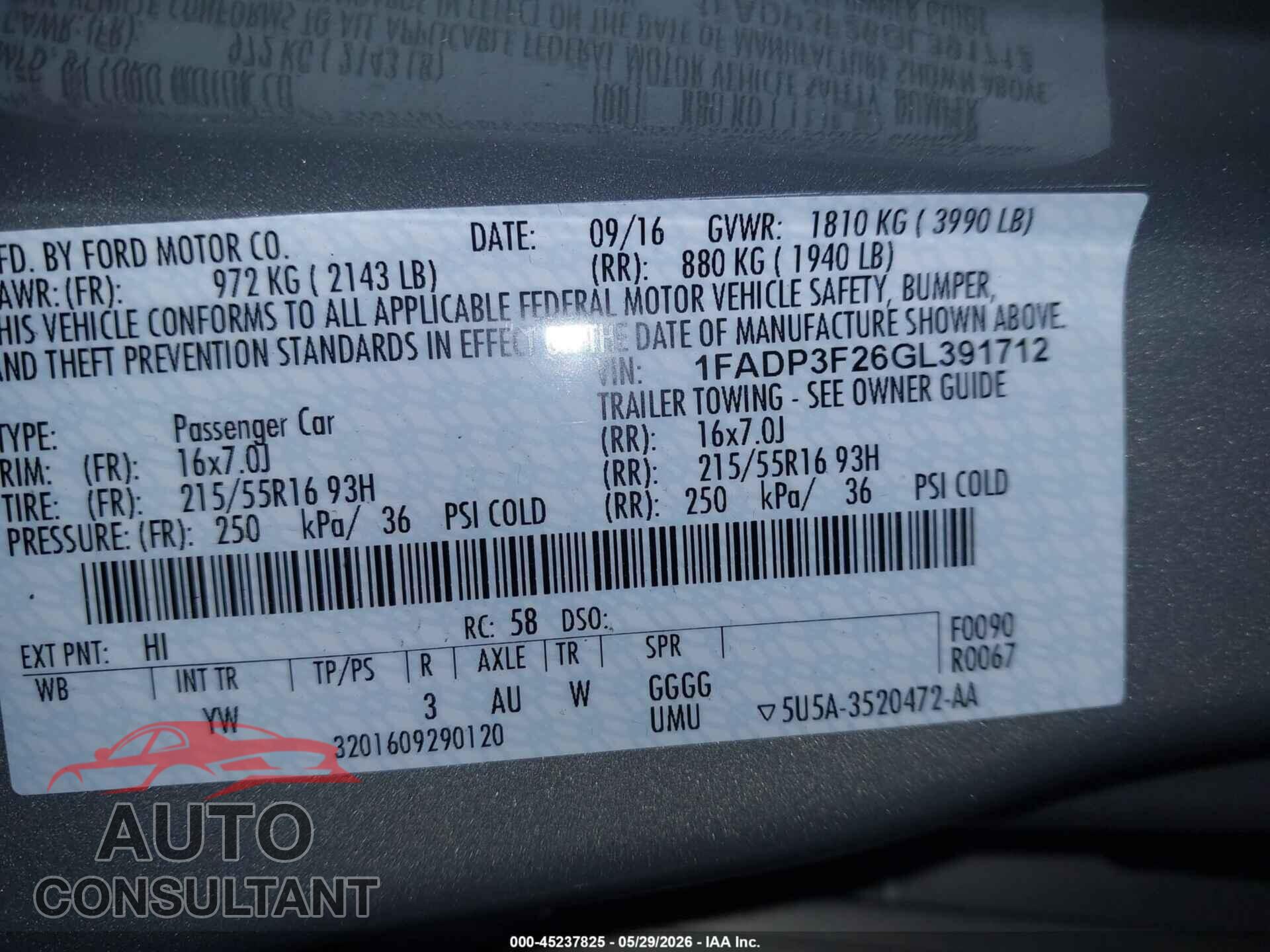 FORD FOCUS 2016 - 1FADP3F26GL391712