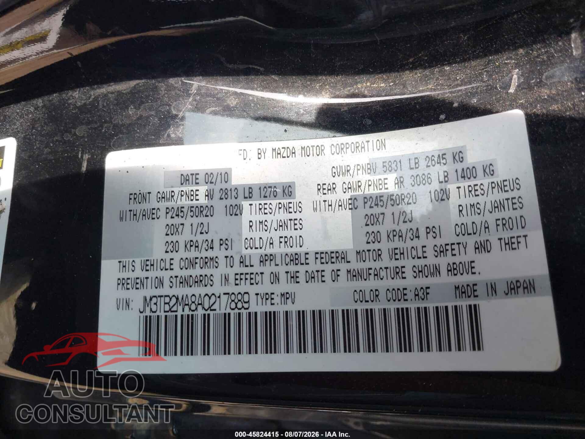MAZDA CX-9 2010 - JM3TB2MA8A0217889