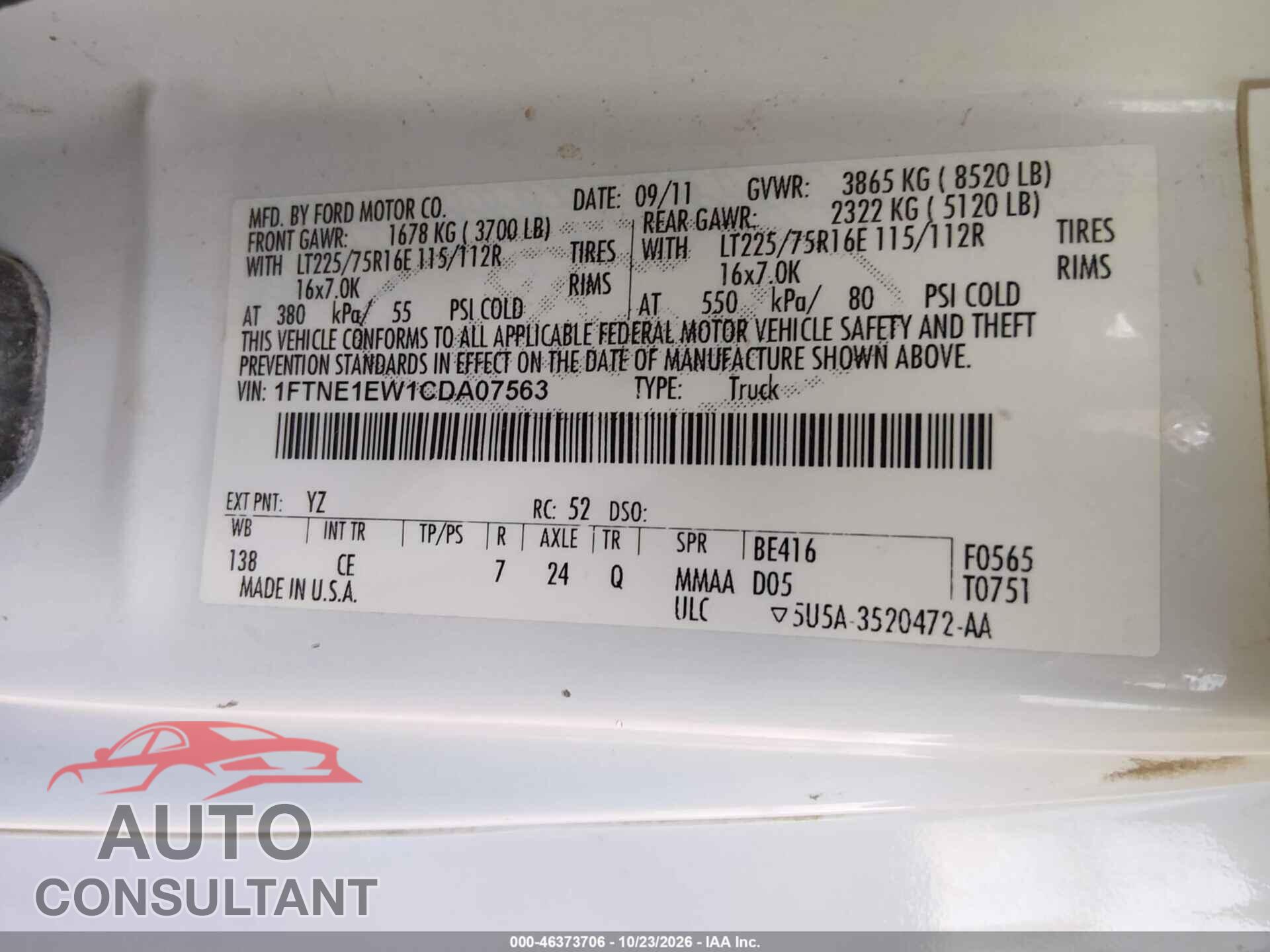 FORD E-150 2012 - 1FTNE1EW1CDA07563