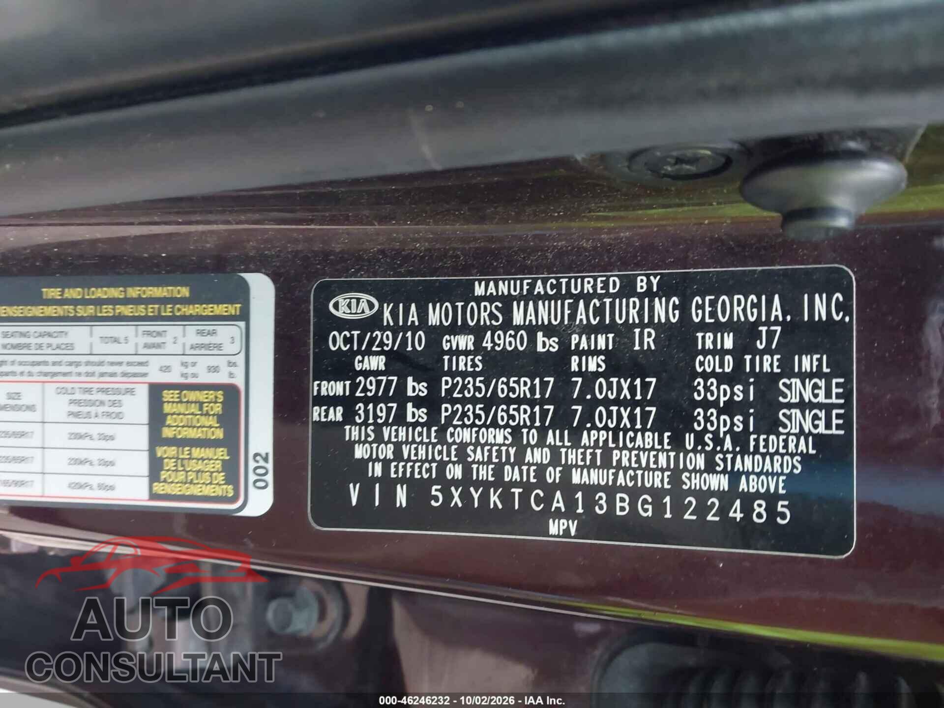 KIA SORENTO 2011 - 5XYKTCA13BG122485
