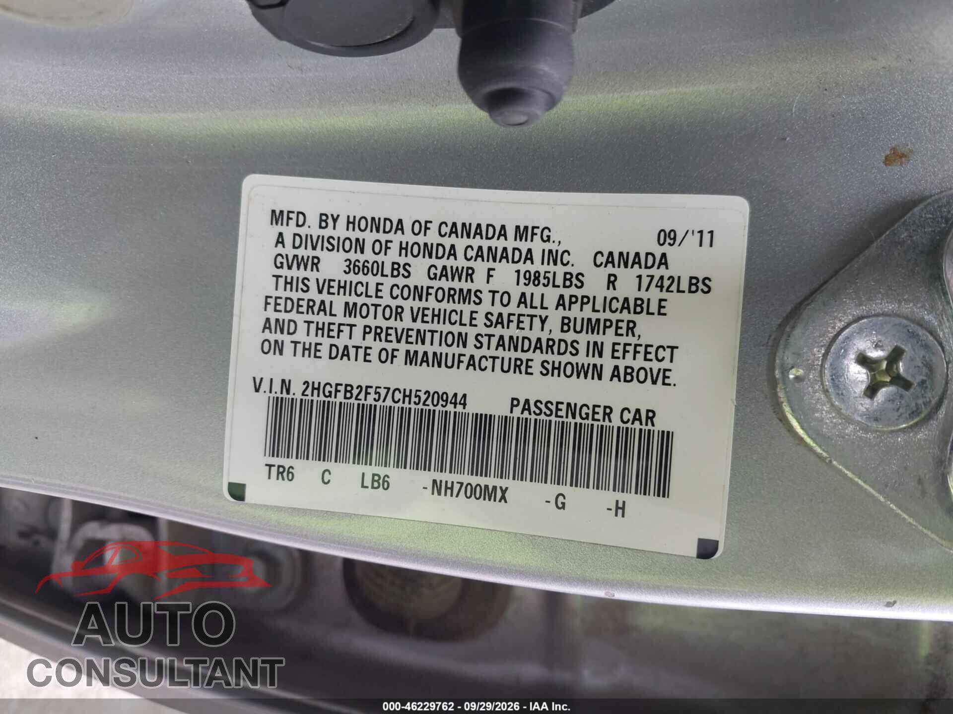 HONDA CIVIC 2012 - 2HGFB2F57CH520944
