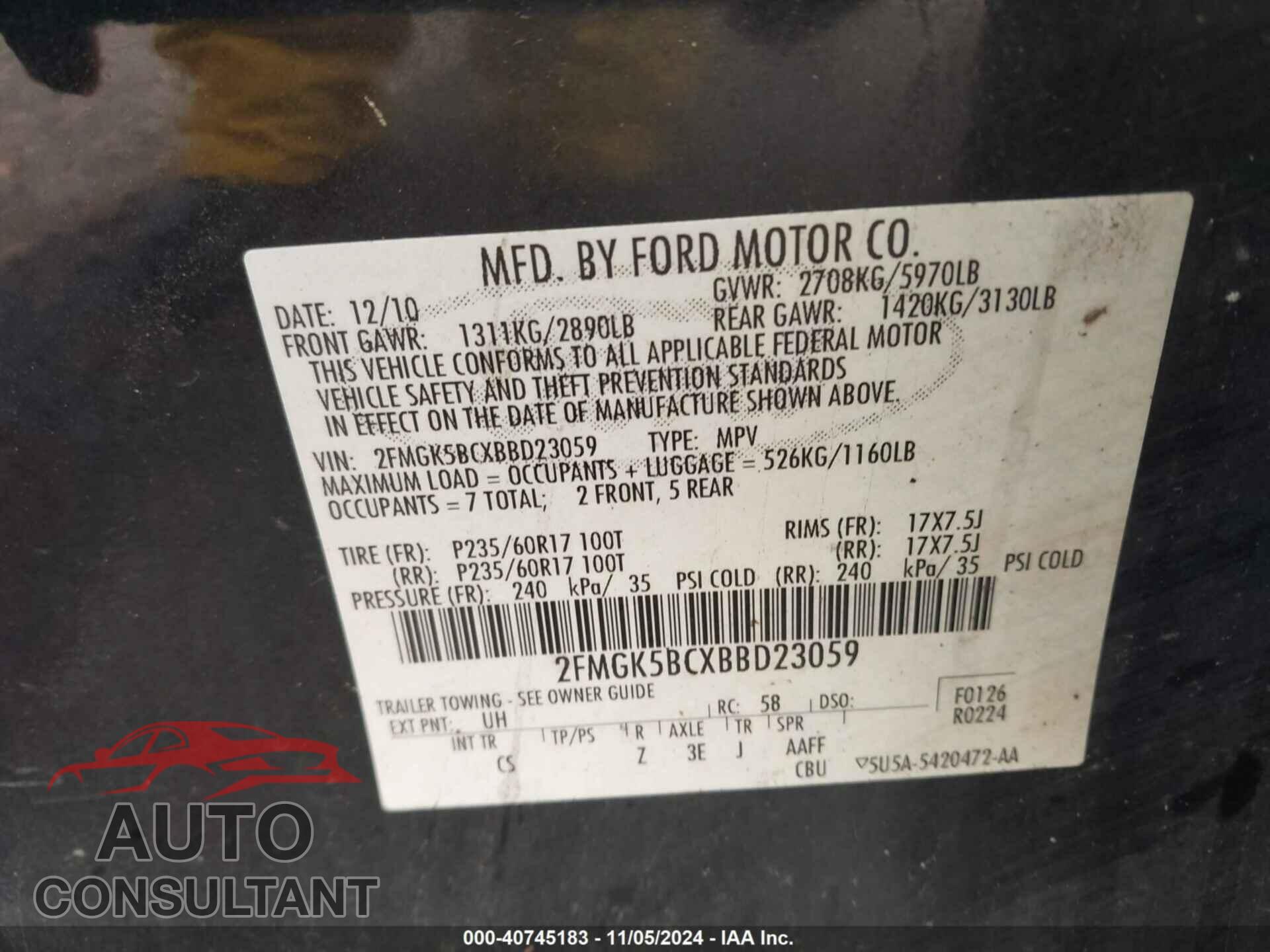 FORD FLEX 2011 - 2FMGK5BCXBBD23059