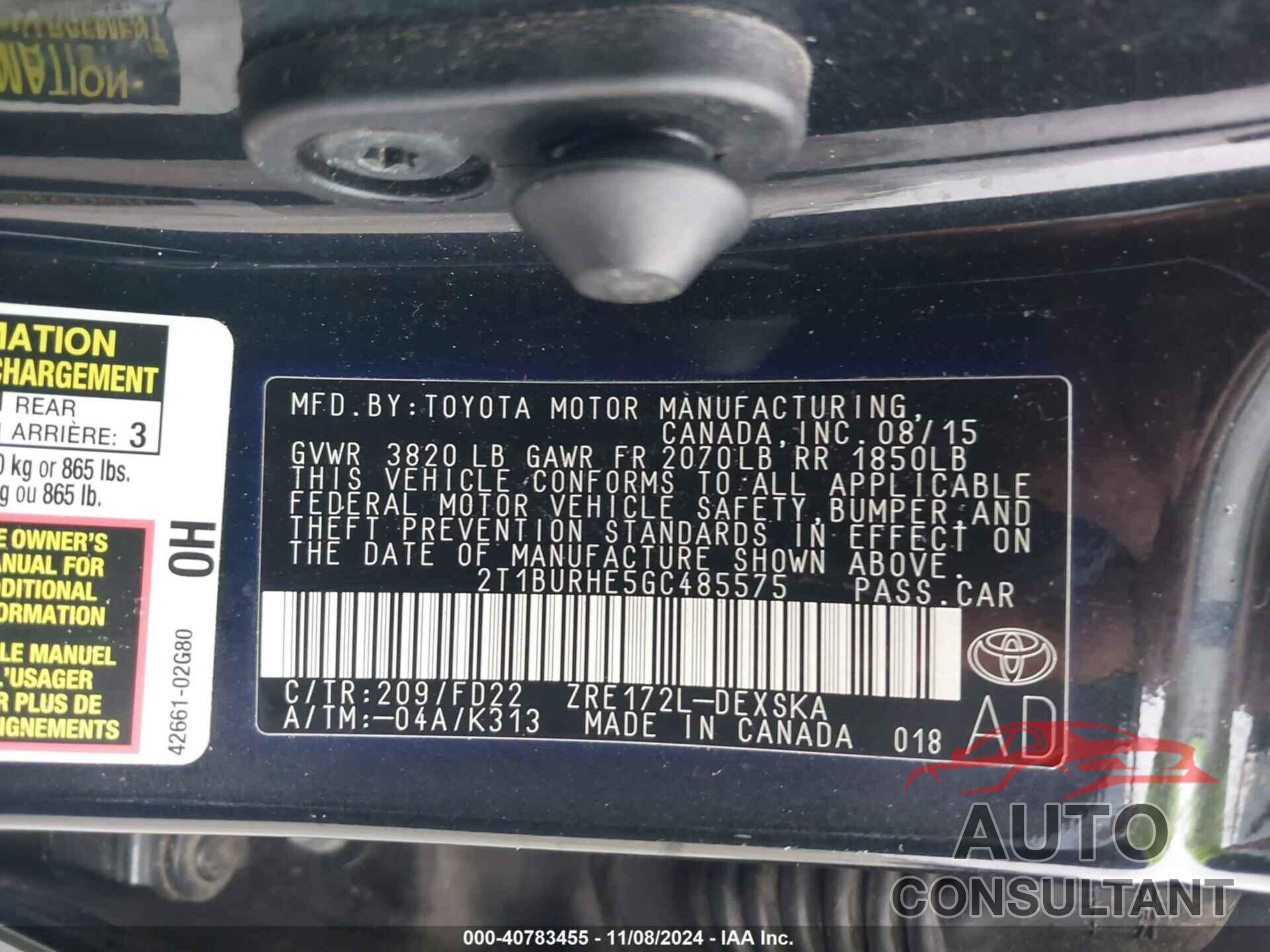 TOYOTA COROLLA 2016 - 2T1BURHE5GC485575