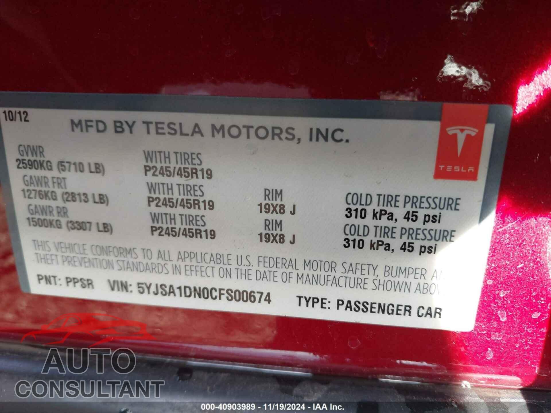 TESLA MODEL S 2012 - 5YJSA1DN0CFS00674