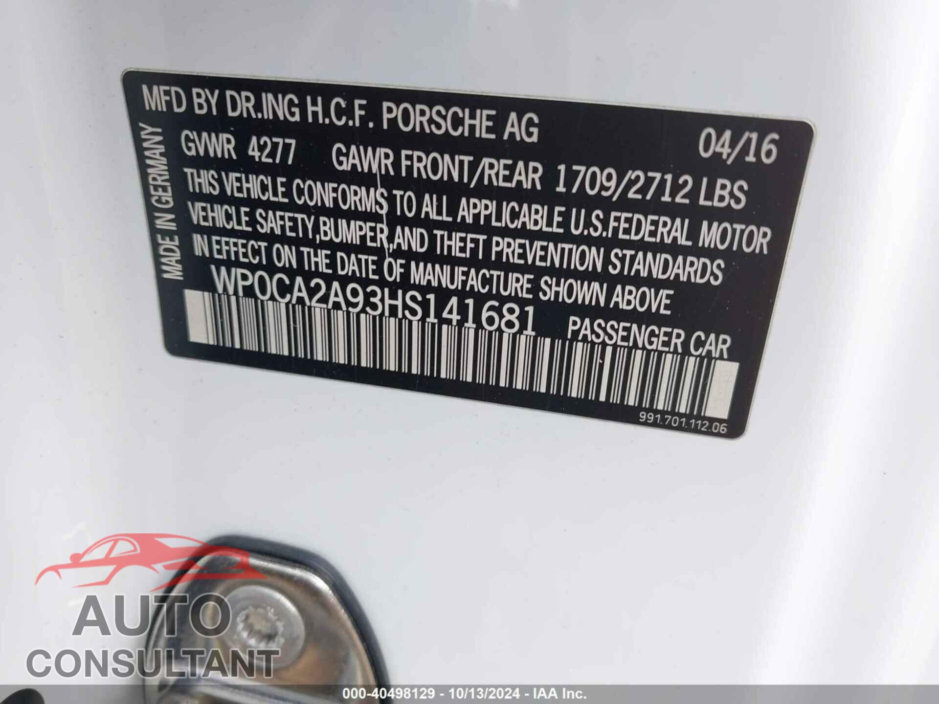 PORSCHE 911 2017 - WP0CA2A93HS141681