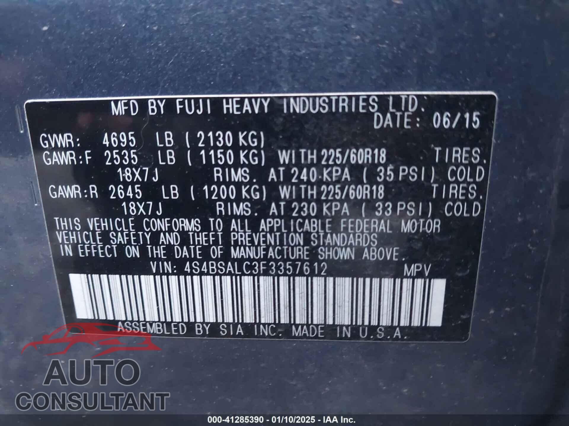 SUBARU OUTBACK 2015 - 4S4BSALC3F3357612