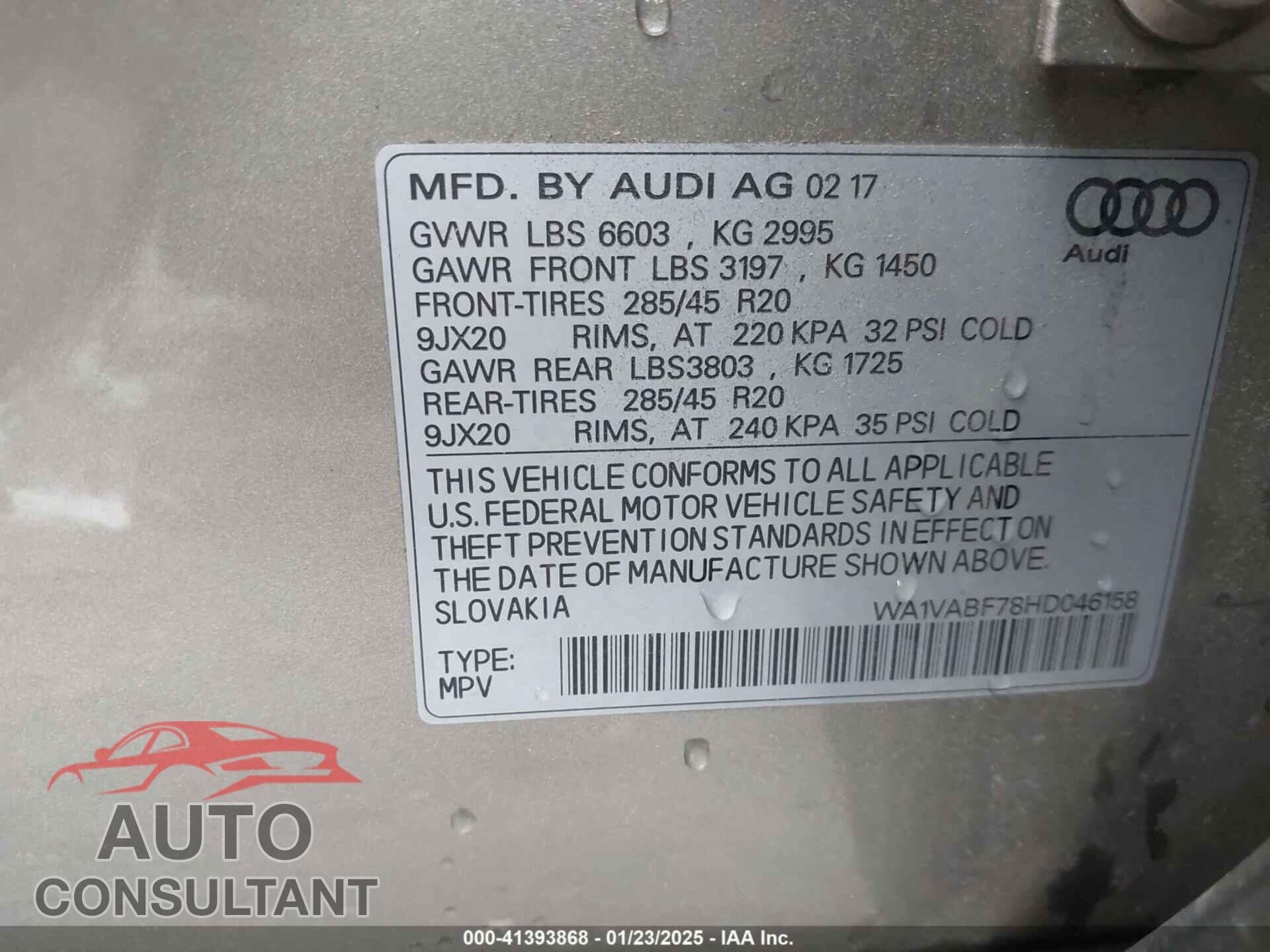 AUDI Q7 2017 - WA1VABF78HD046158