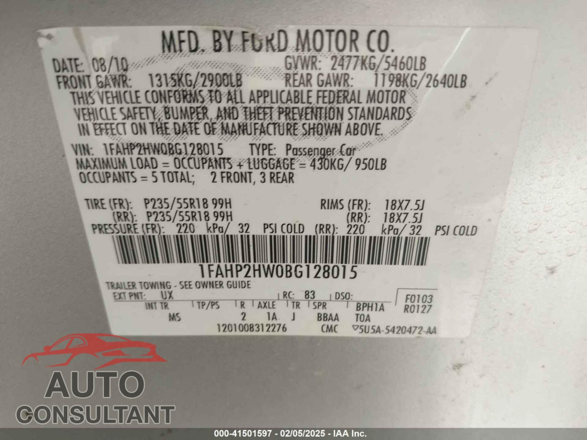 FORD TAURUS 2011 - 1FAHP2HW0BG128015