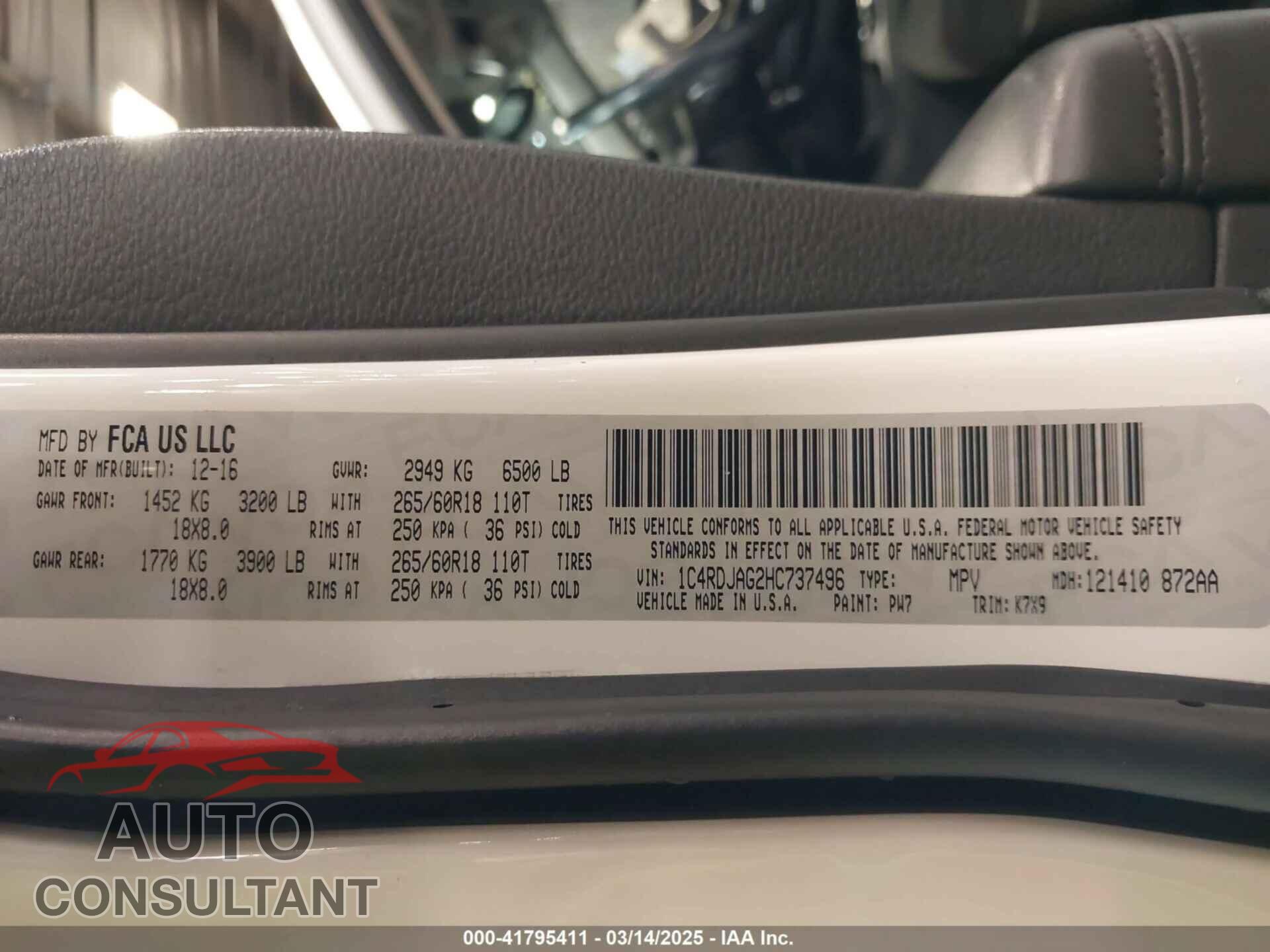 DODGE DURANGO 2017 - 1C4RDJAG2HC737496