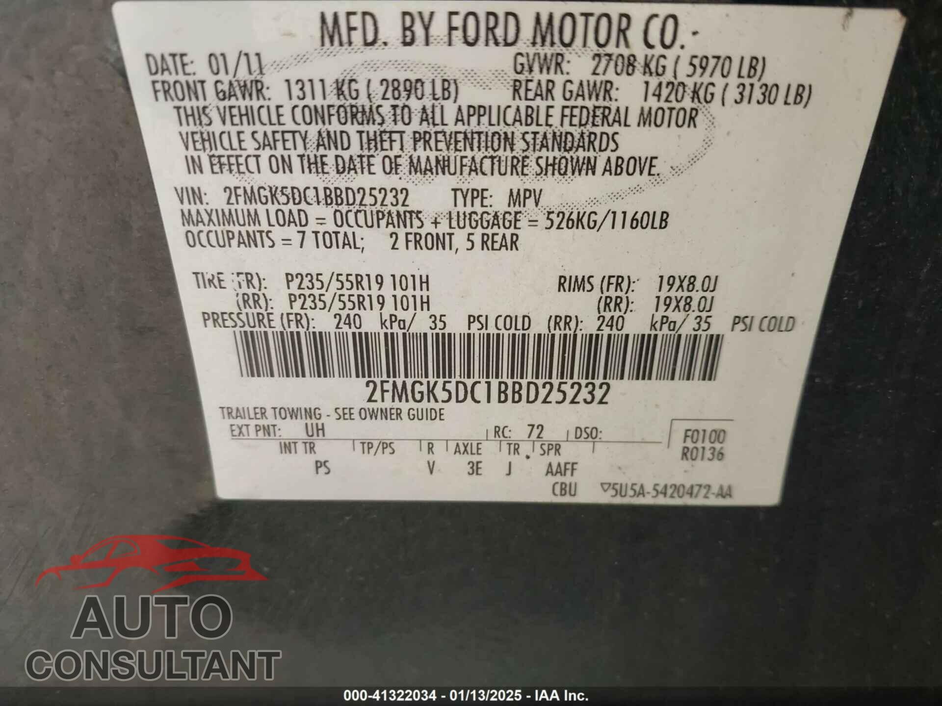 FORD FLEX 2011 - 2FMGK5DC1BBD25232