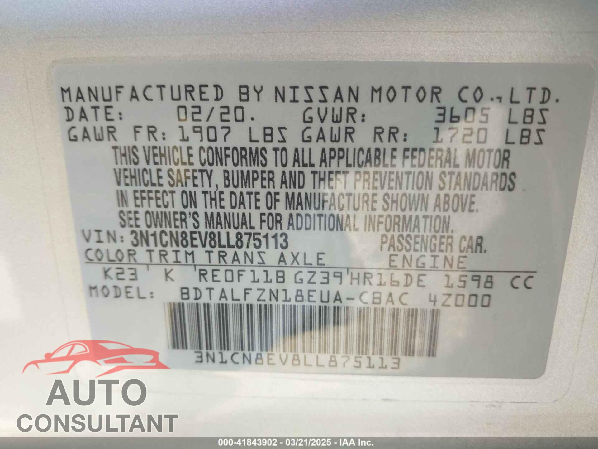 NISSAN VERSA 2020 - 3N1CN8EV8LL875113