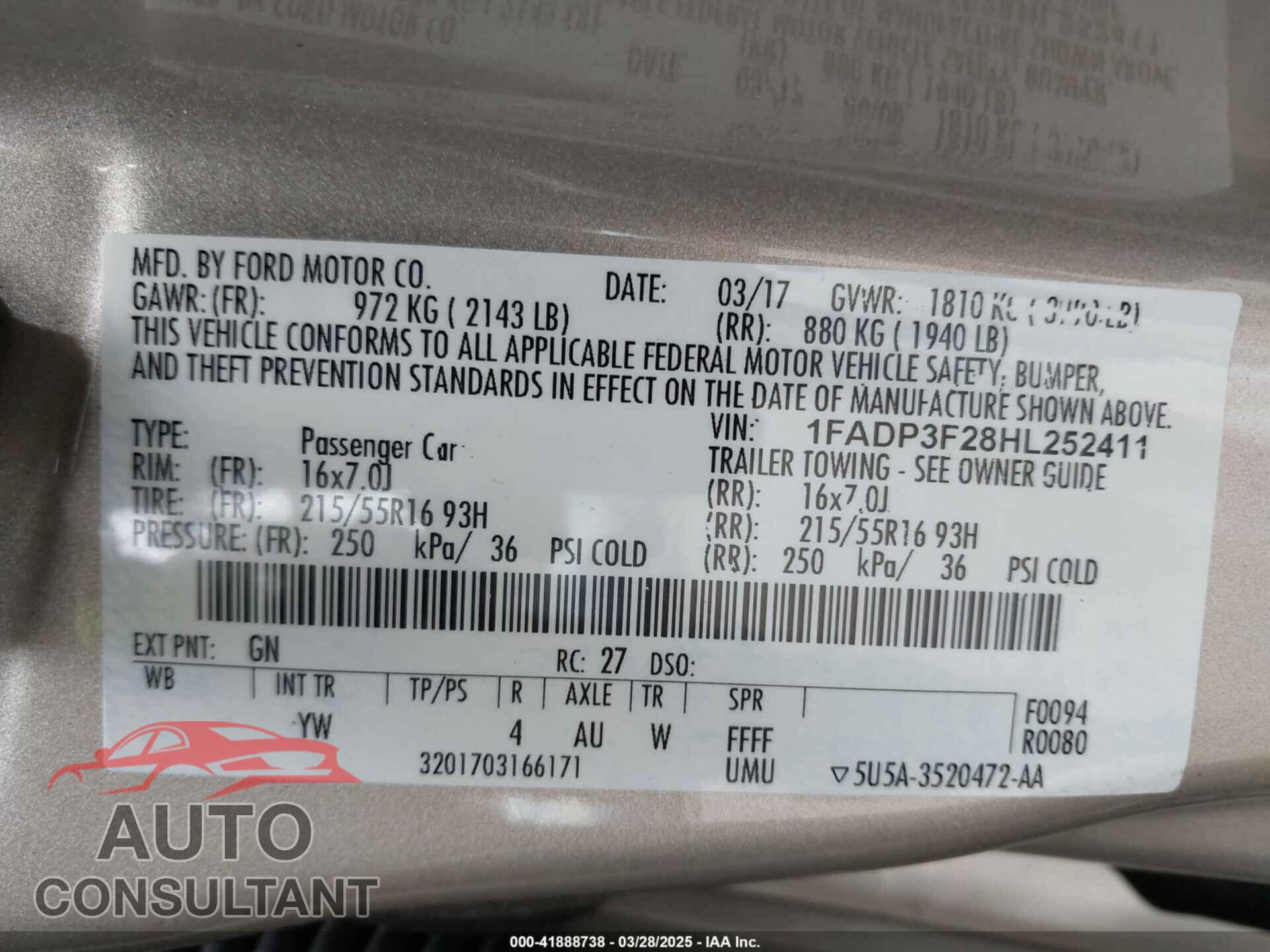 FORD FOCUS 2017 - 1FADP3F28HL252411