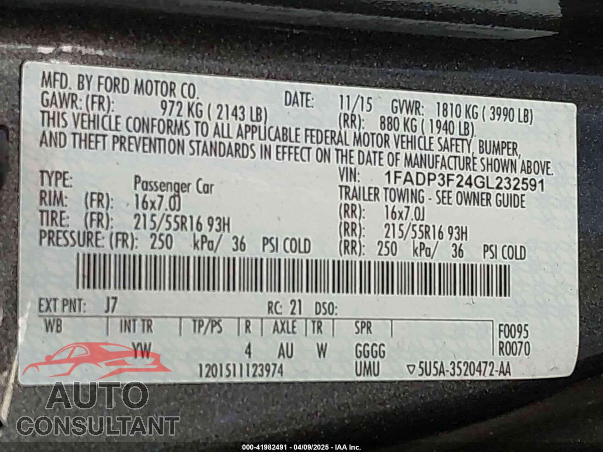 FORD FOCUS 2016 - 1FADP3F24GL232591