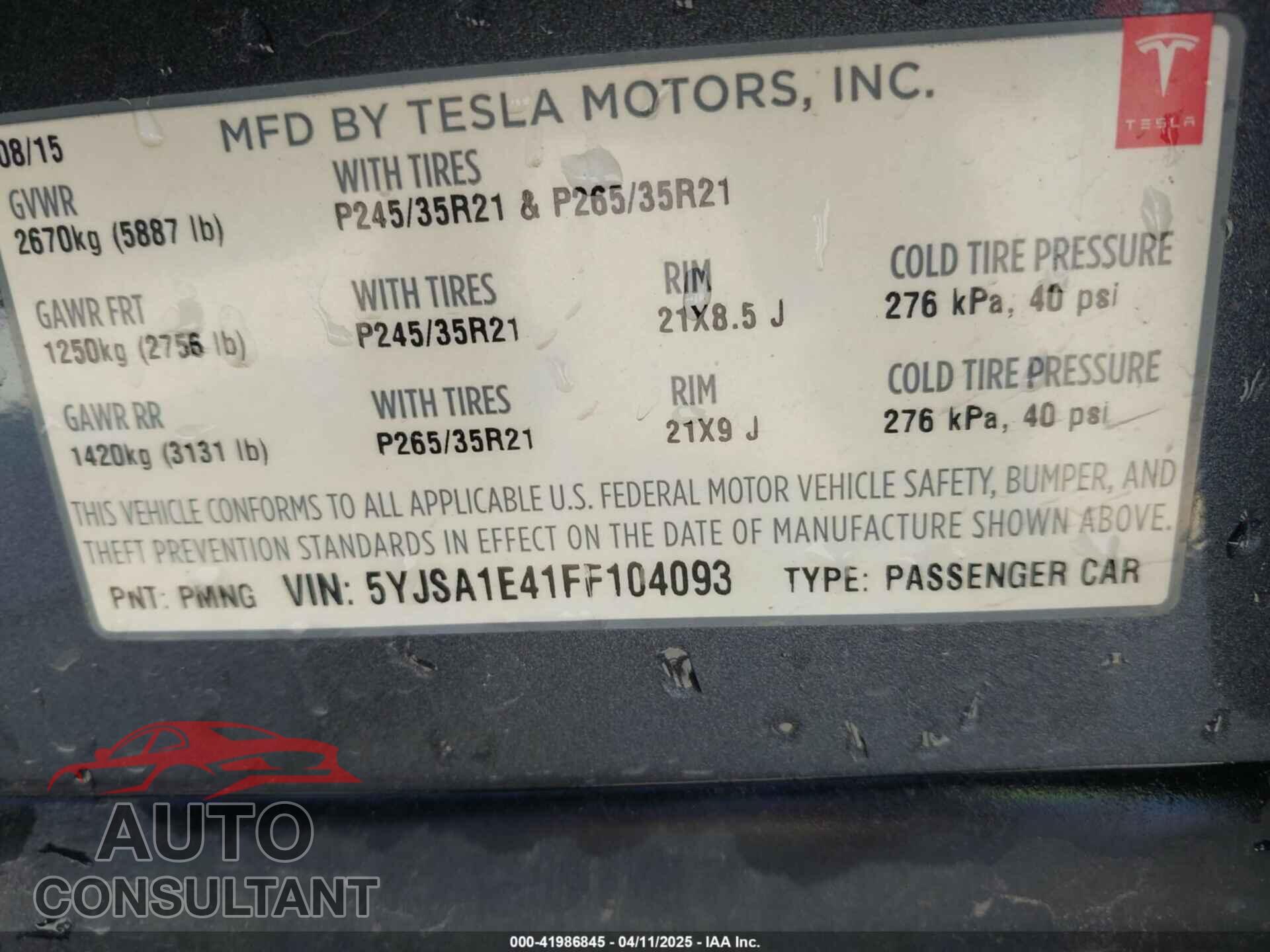 TESLA MODEL S 2015 - 5YJSA1E41FF104093
