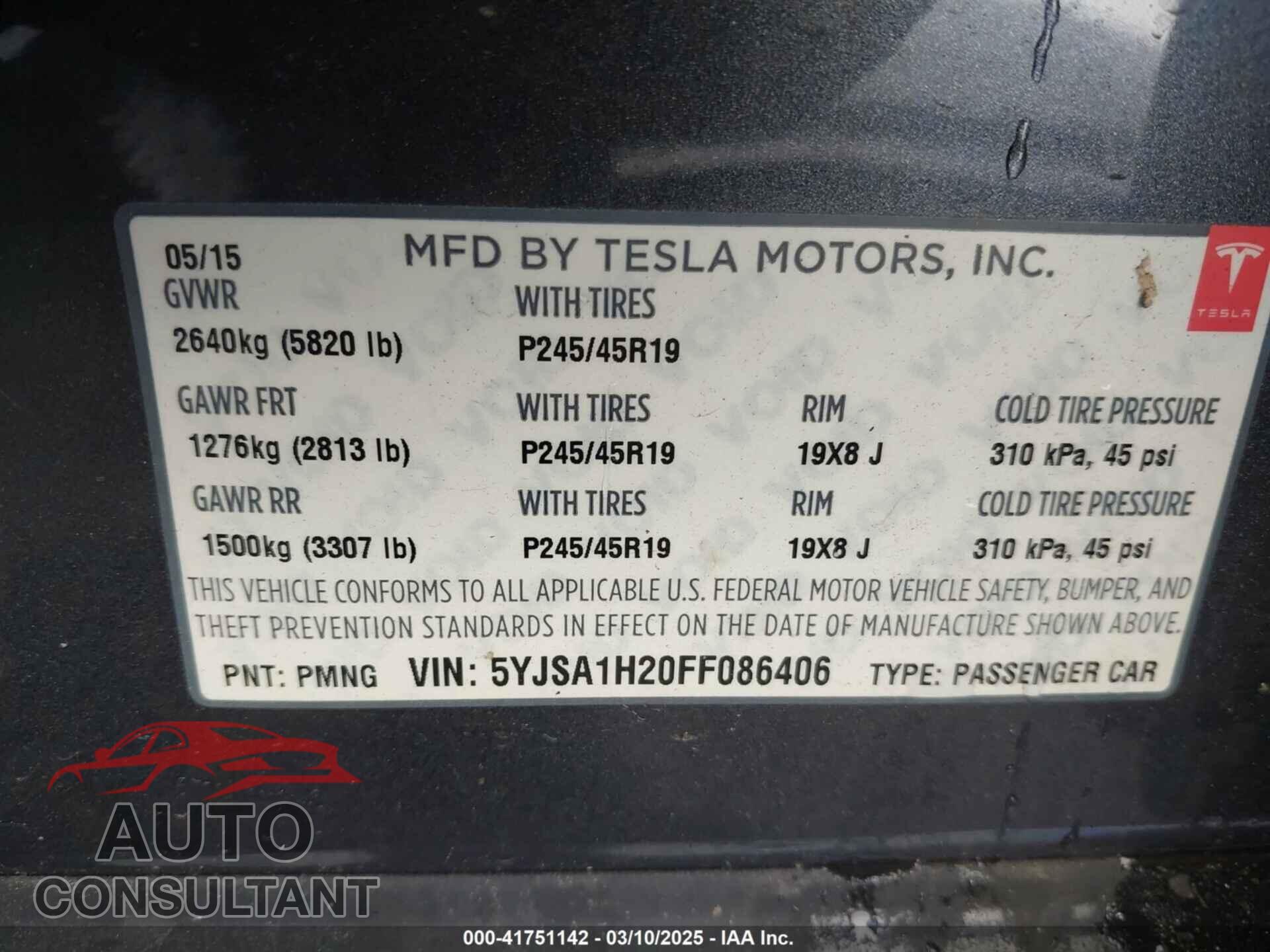TESLA MODEL S 2015 - 5YJSA1H20FF086406