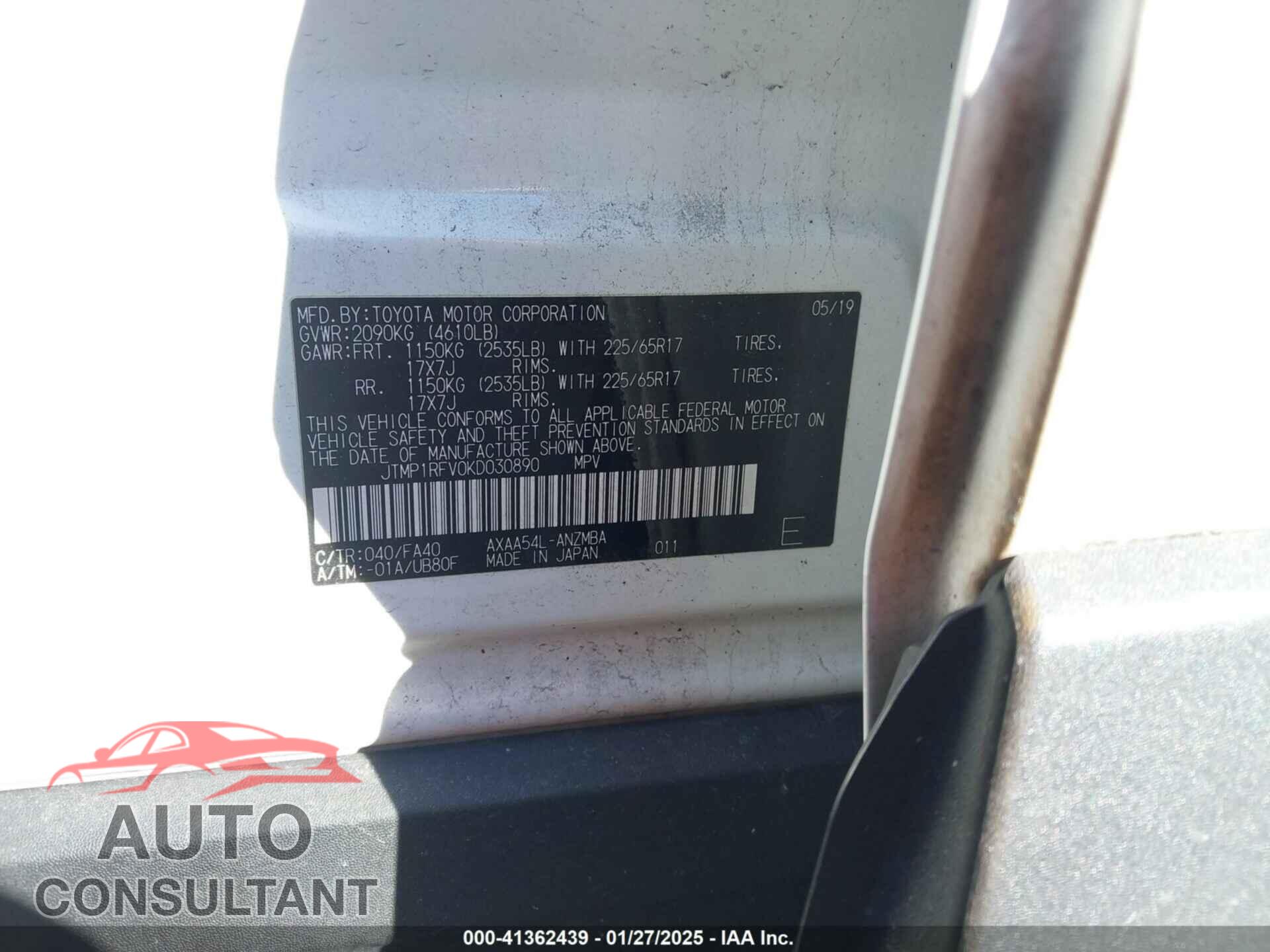 TOYOTA RAV4 2019 - JTMP1RFV0KD030890