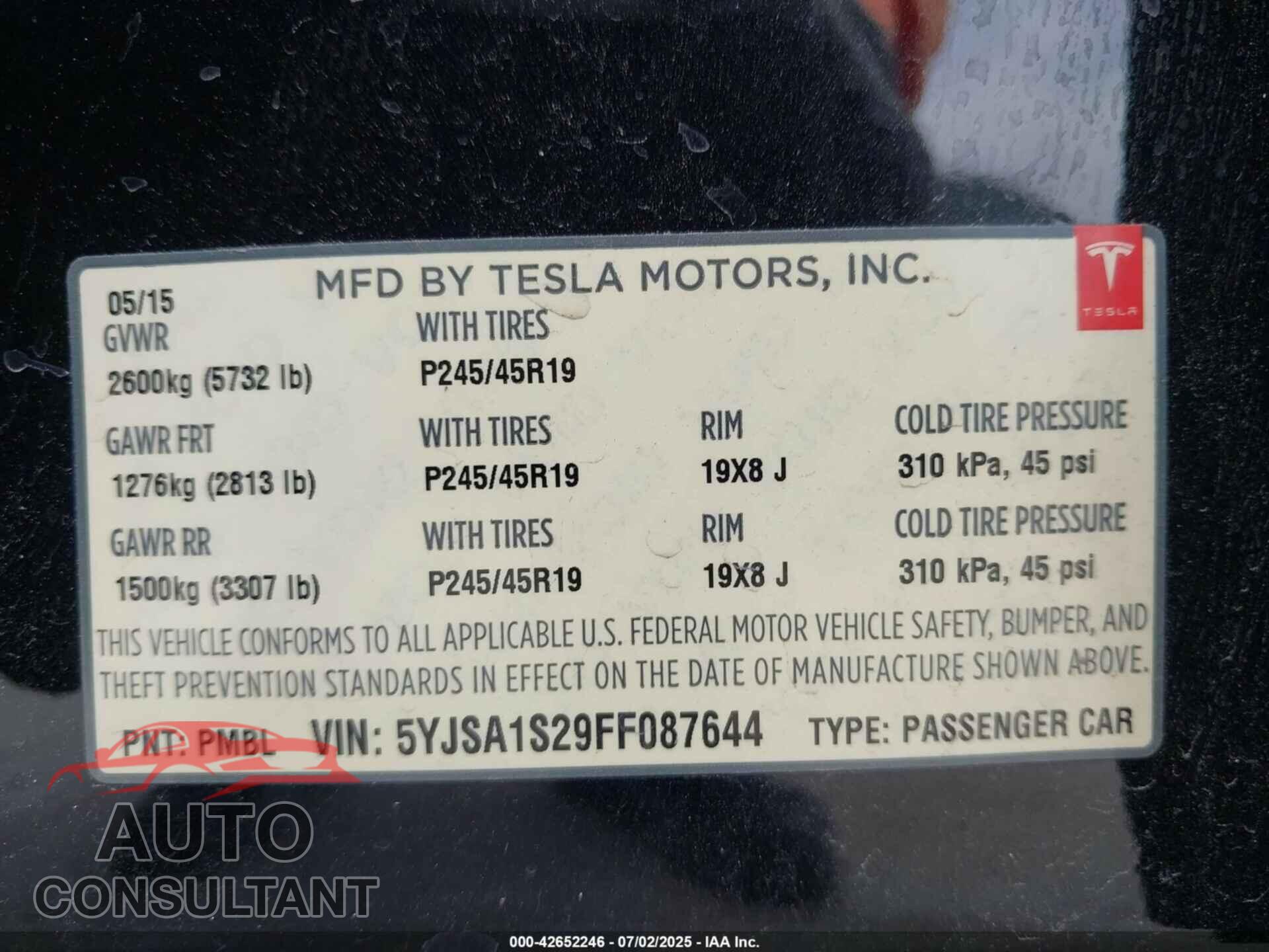 TESLA MODEL S 2015 - 5YJSA1S29FF087644