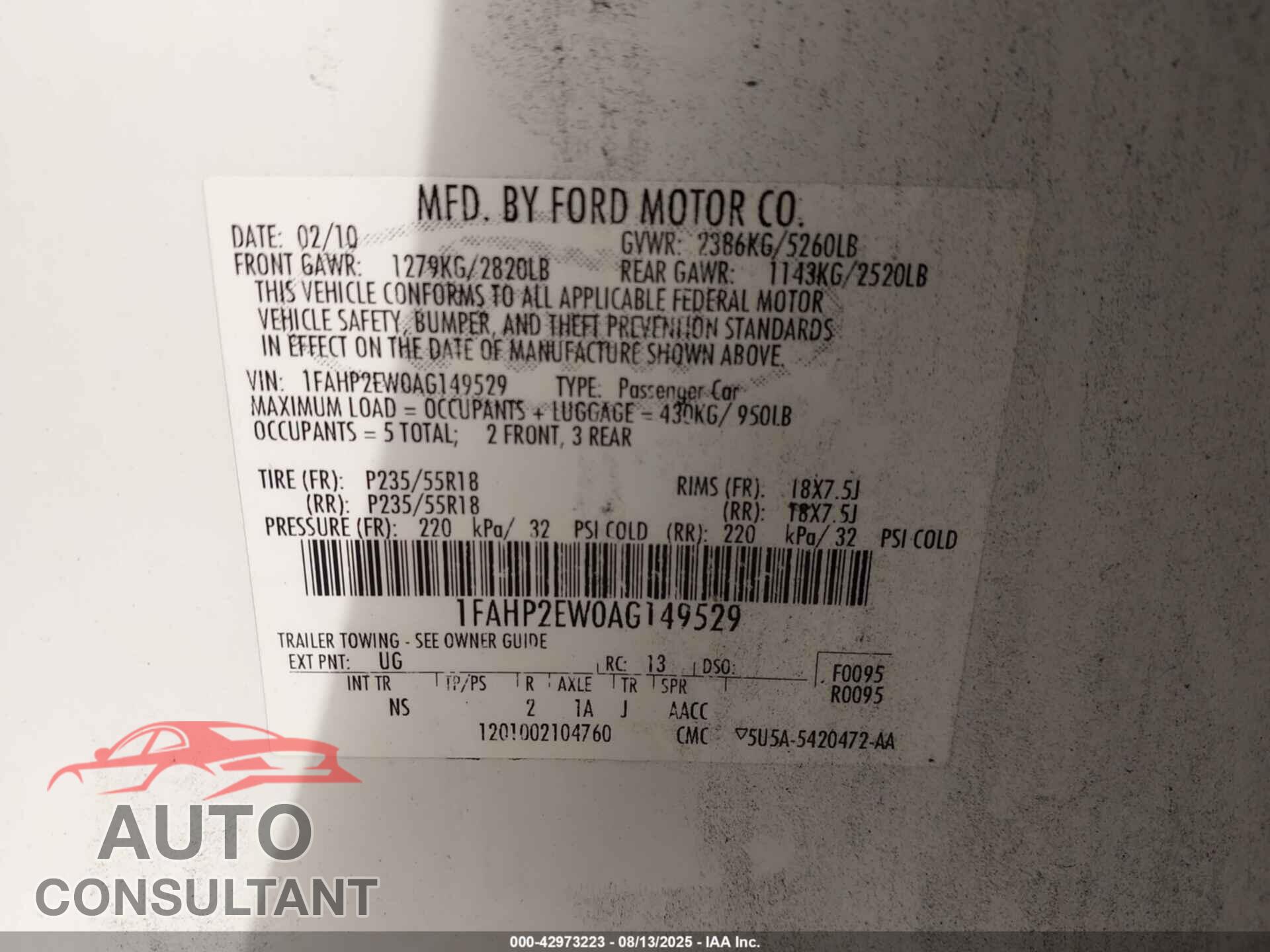 FORD TAURUS 2010 - 1FAHP2EW0AG149529