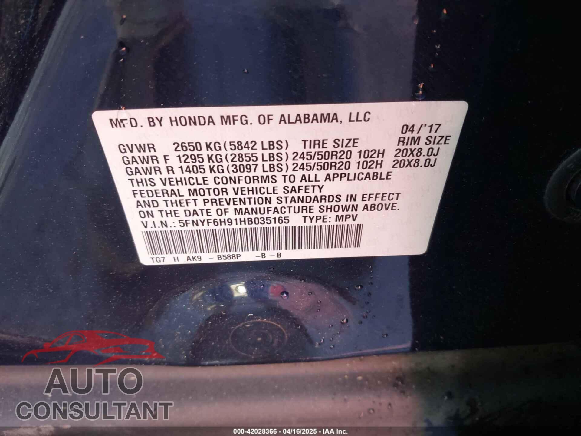 HONDA PILOT 2017 - 5FNYF6H91HB035165