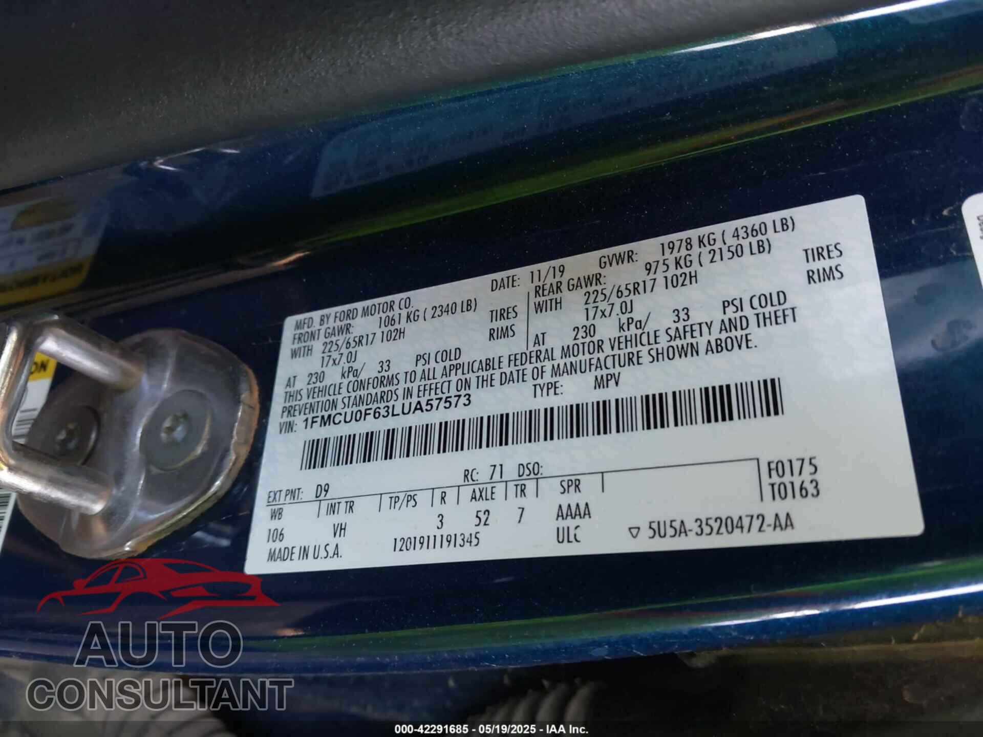 FORD ESCAPE 2020 - 1FMCU0F63LUA57573