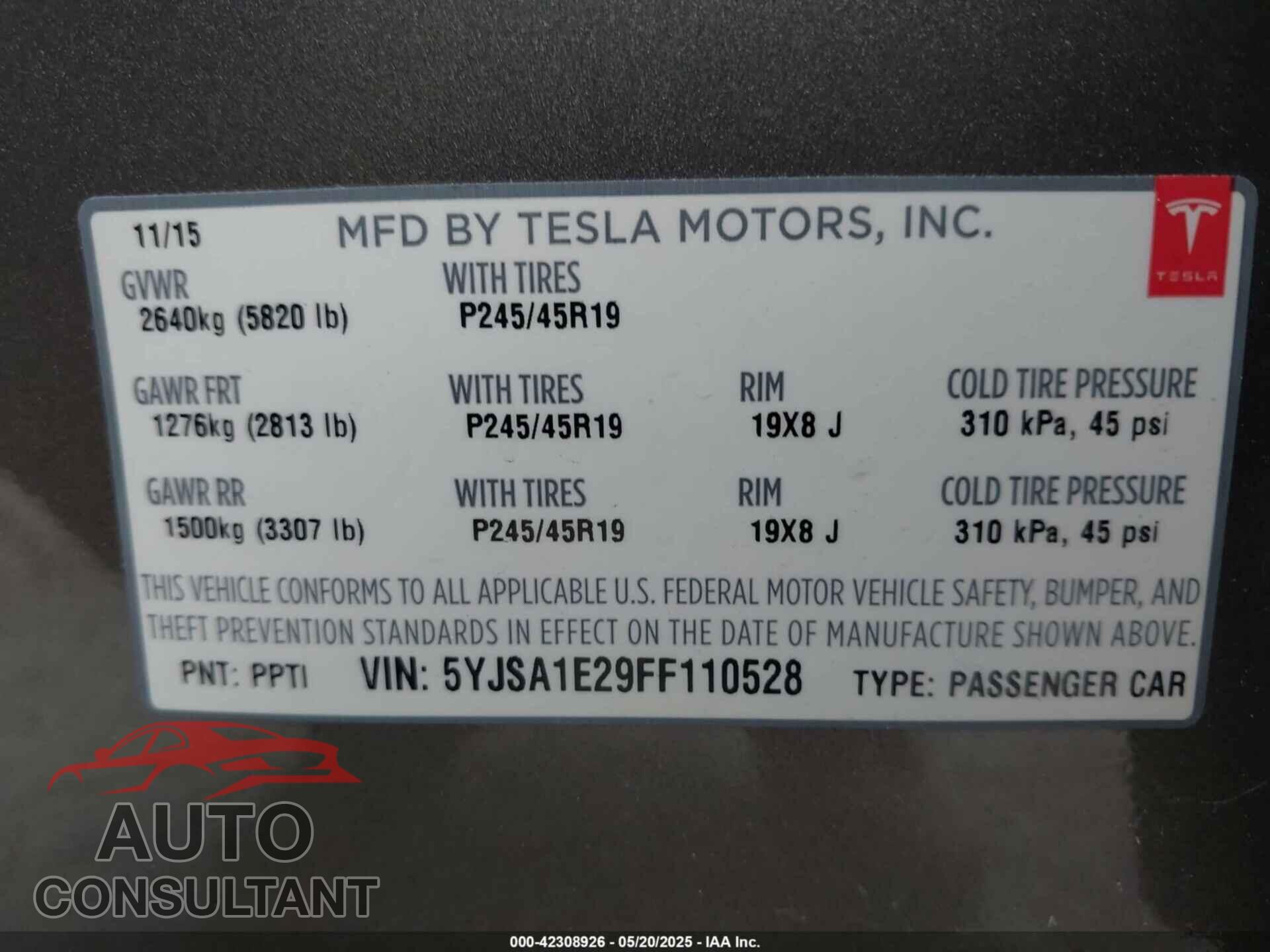 TESLA MODEL S 2015 - 5YJSA1E29FF110528