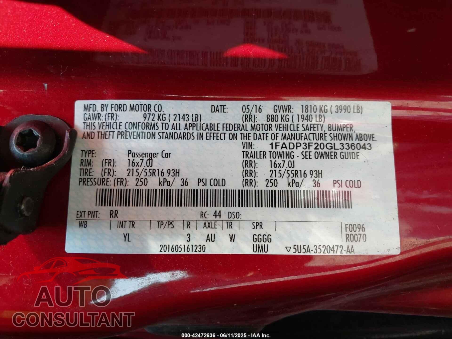 FORD FOCUS 2016 - 1FADP3F20GL336043