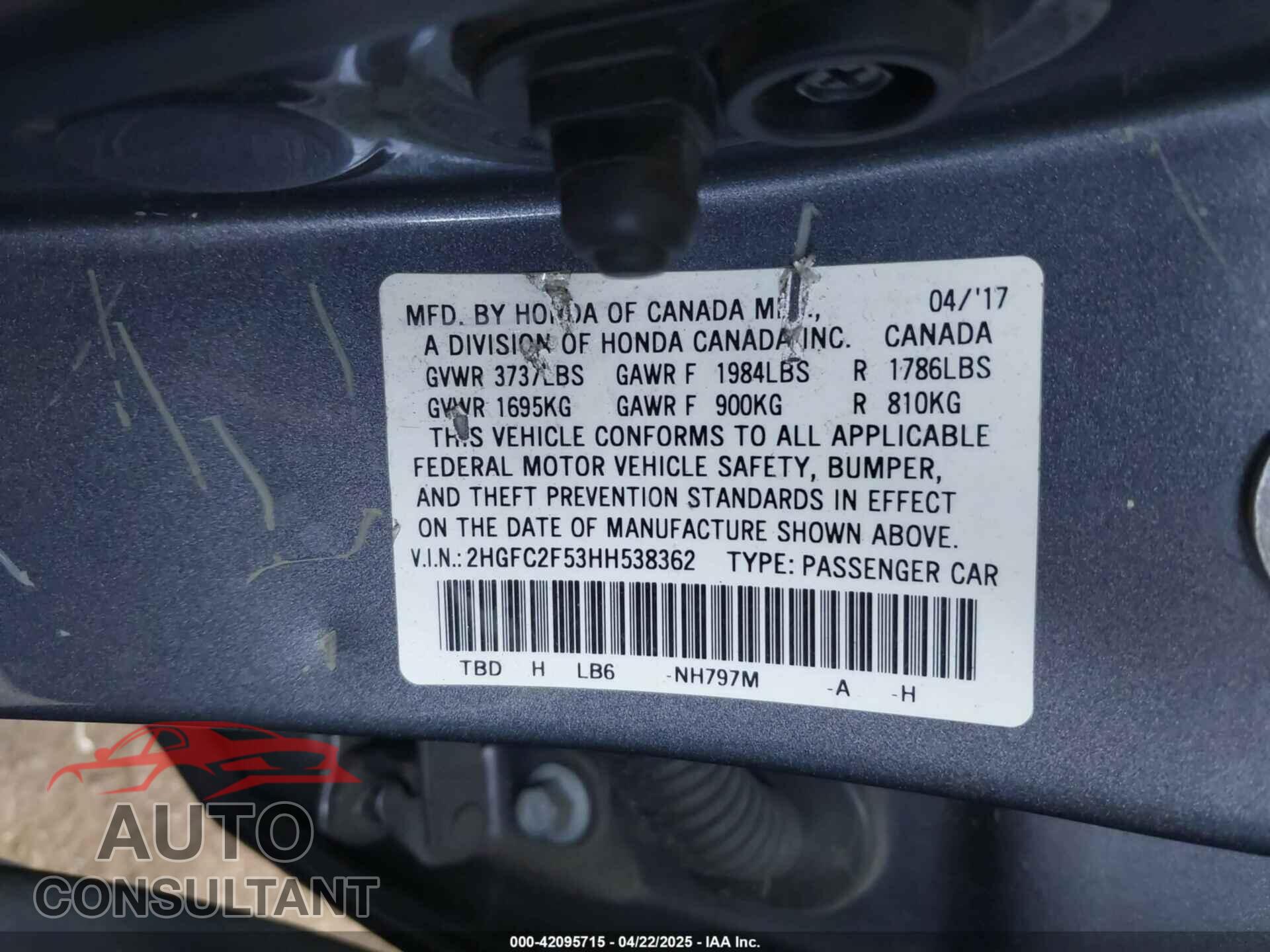 HONDA CIVIC 2017 - 2HGFC2F53HH538362