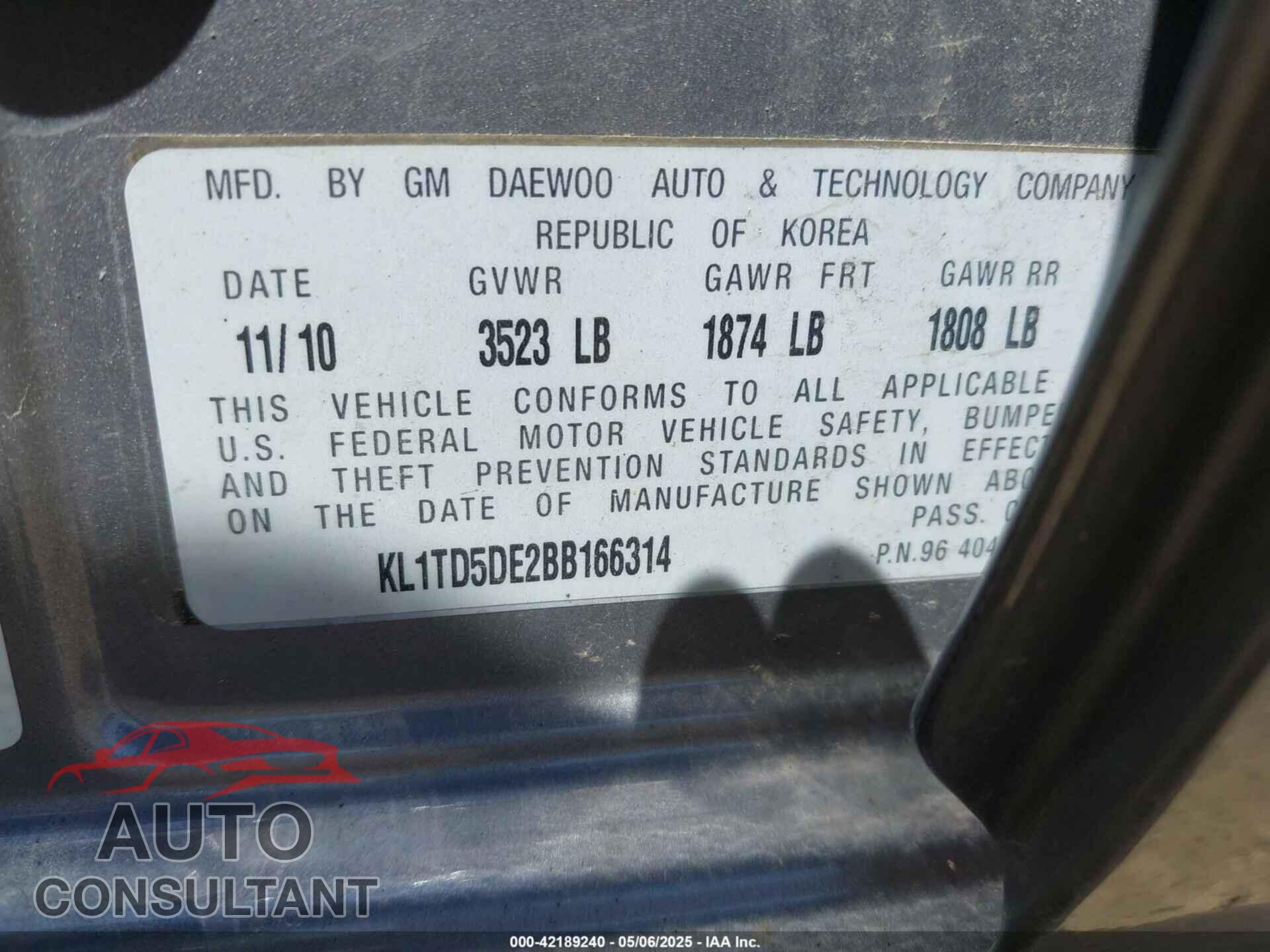 CHEVROLET AVEO 2011 - KL1TD5DE2BB166314