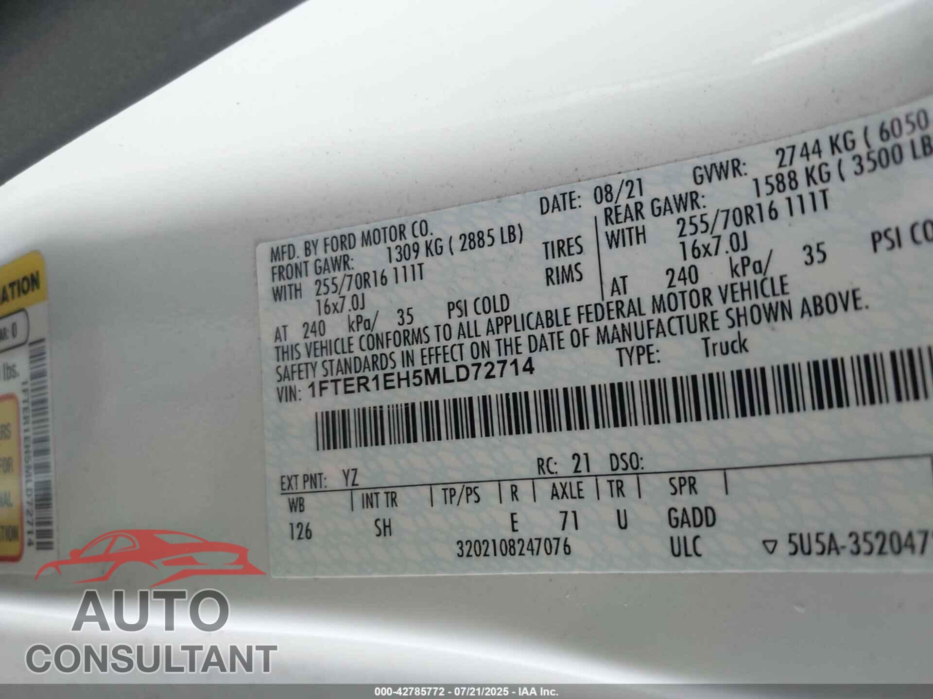 FORD RANGER 2021 - 1FTER1EH5MLD72714