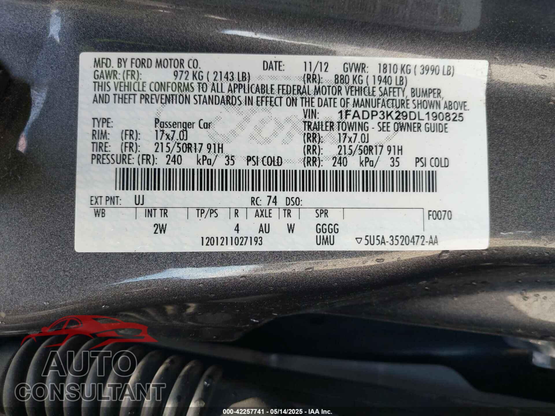 FORD FOCUS 2013 - 1FADP3K29DL190825