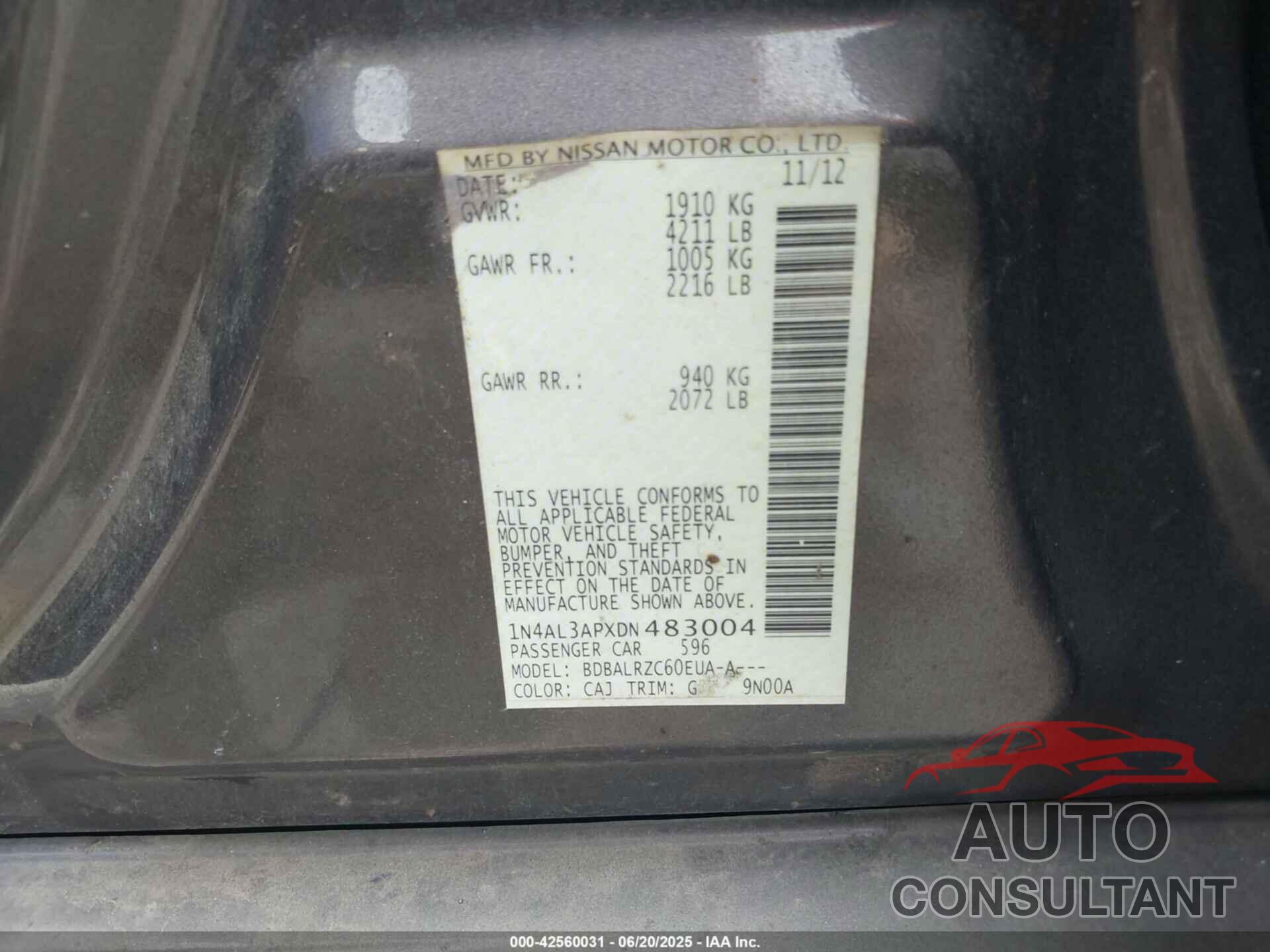 NISSAN ALTIMA 2013 - 1N4AL3APXDN483004