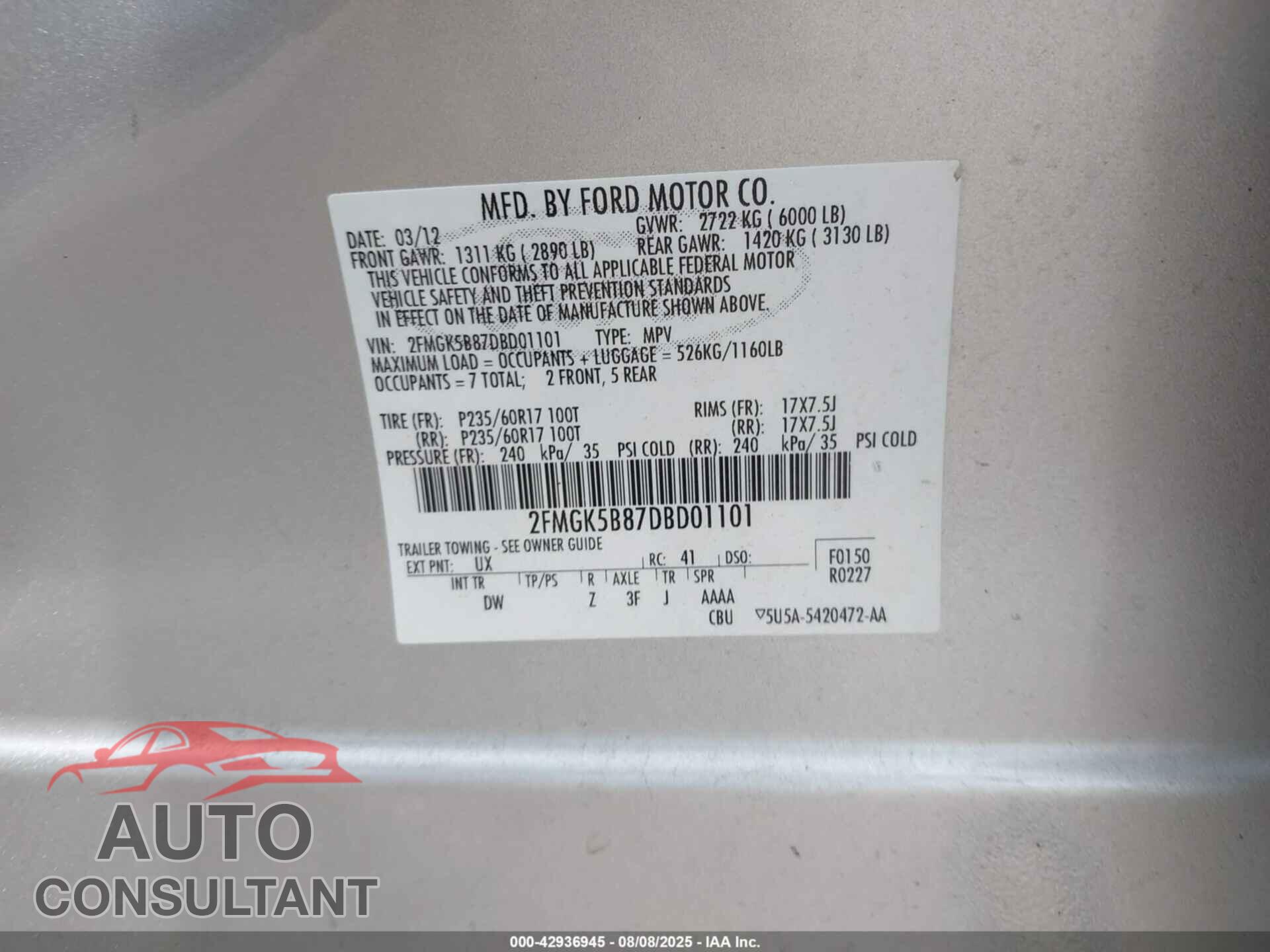 FORD FLEX 2013 - 2FMGK5B87DBD01101