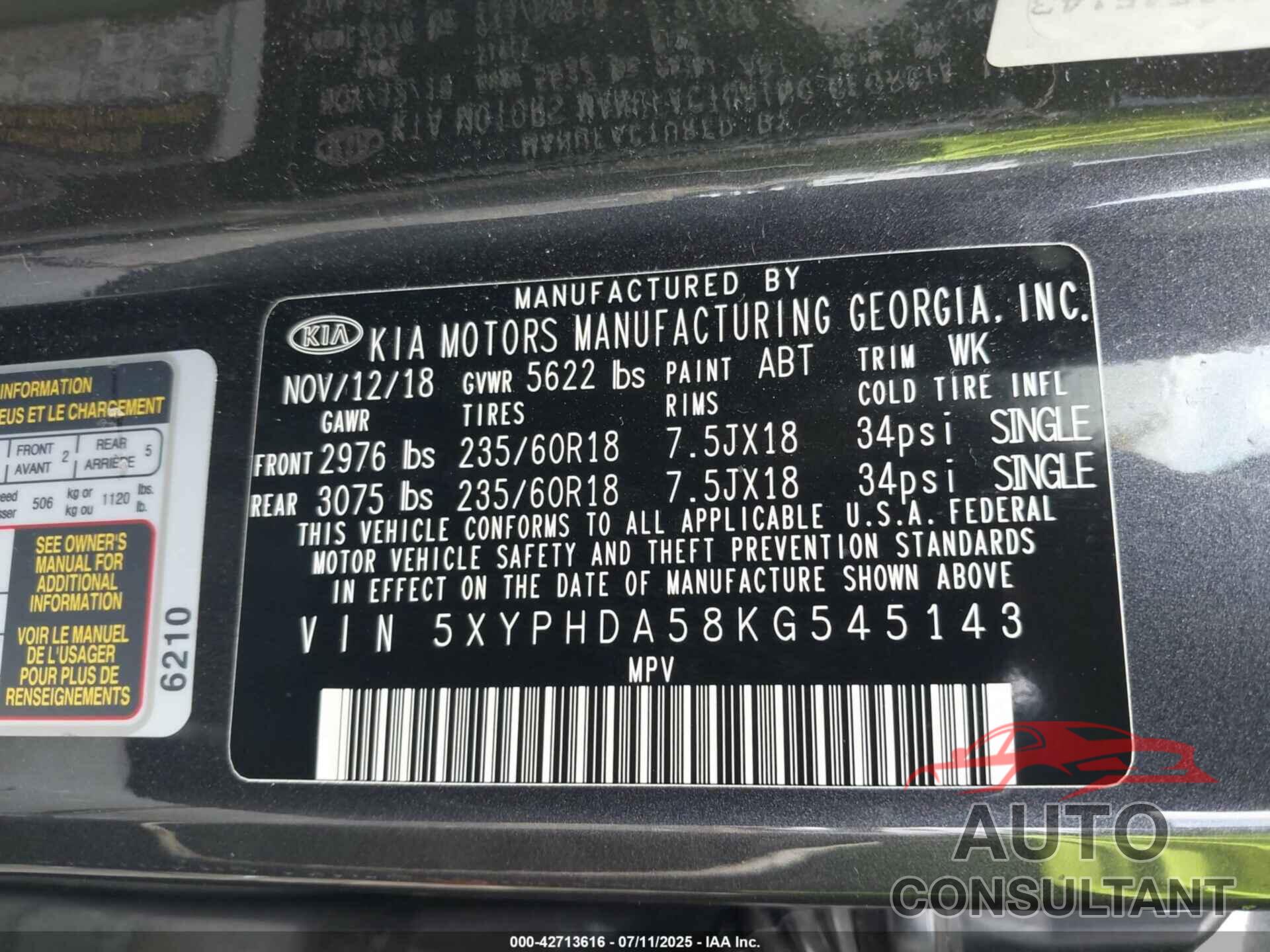 KIA SORENTO 2019 - 5XYPHDA58KG545143