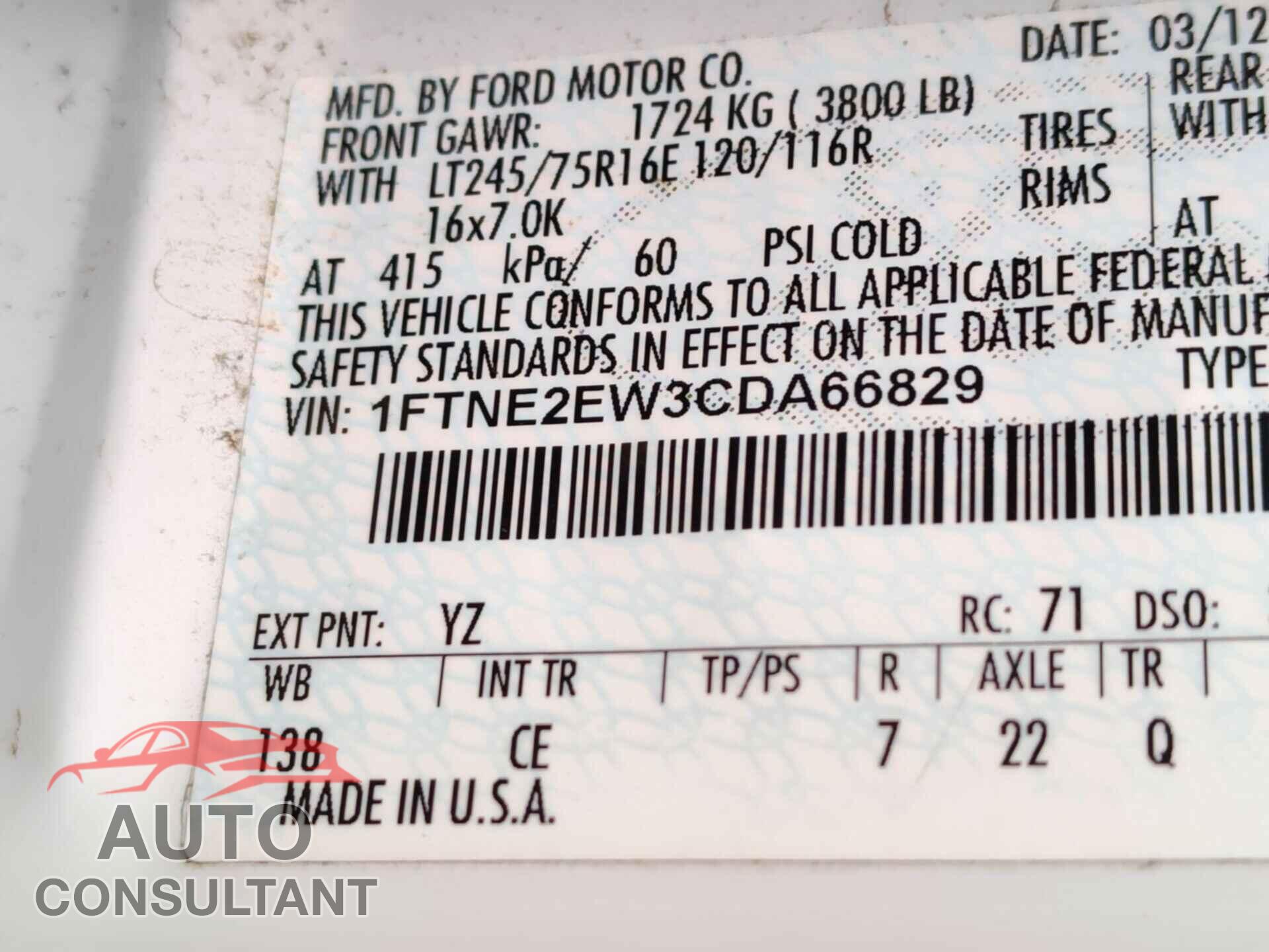 FORD ECONOLINE 2012 - 1FTNE2EW3CDA66829